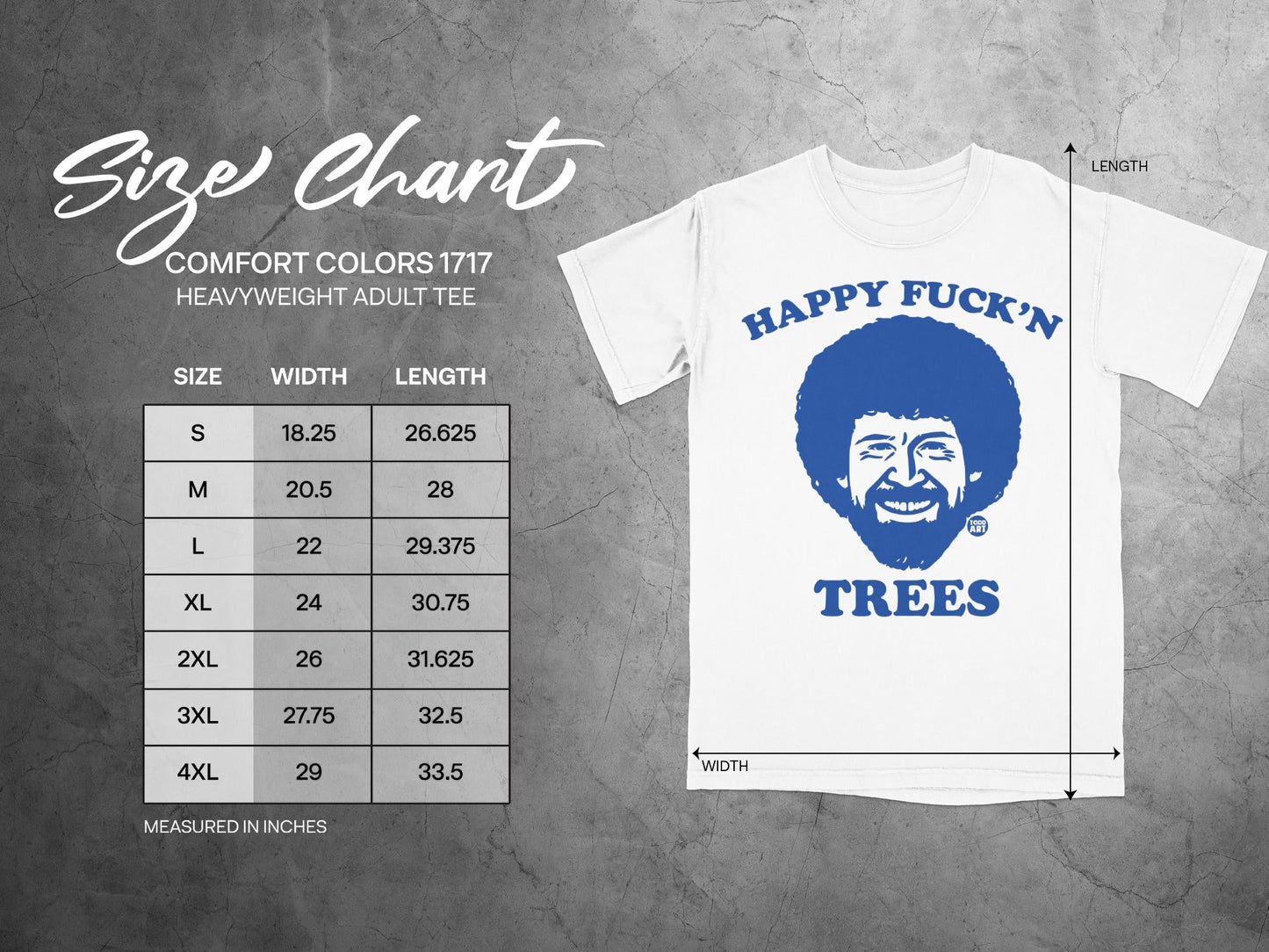 Comfort Colors 1717 size chart for heavyweight adult tees.