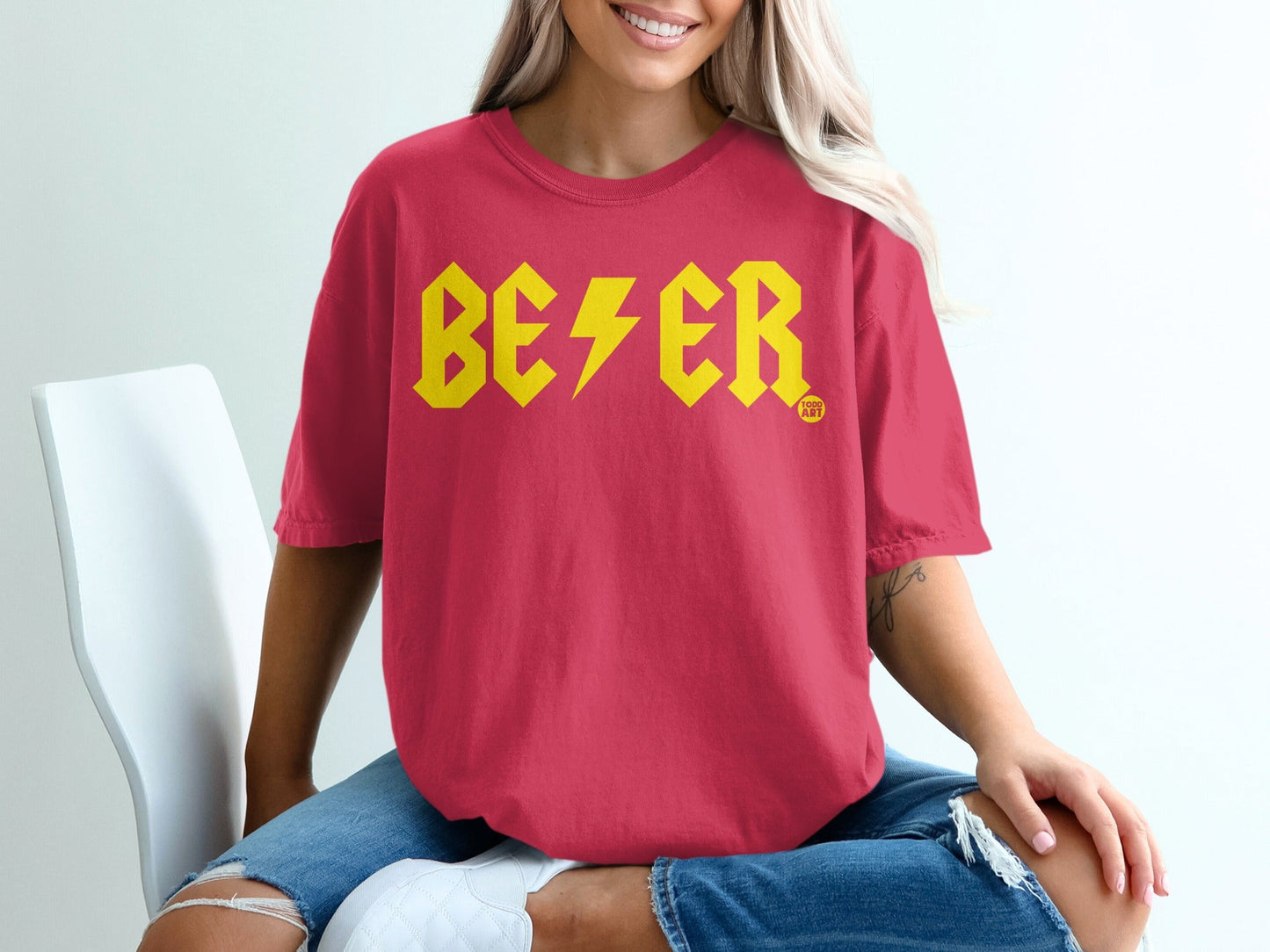 Red Graphic Tee with Yellow BEER Print Product
