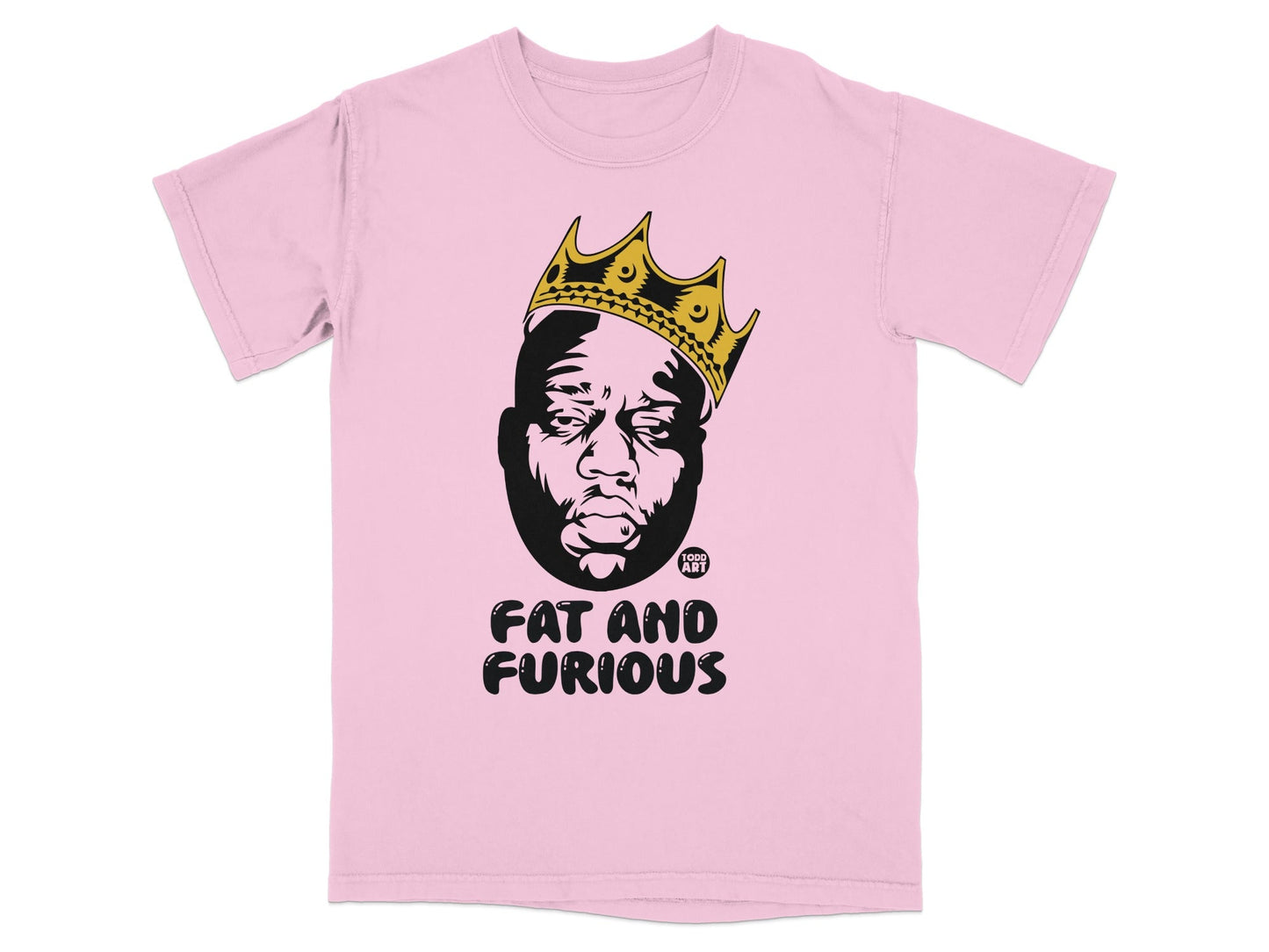 Pink t-shirt with a black and gold crown on a man's head.