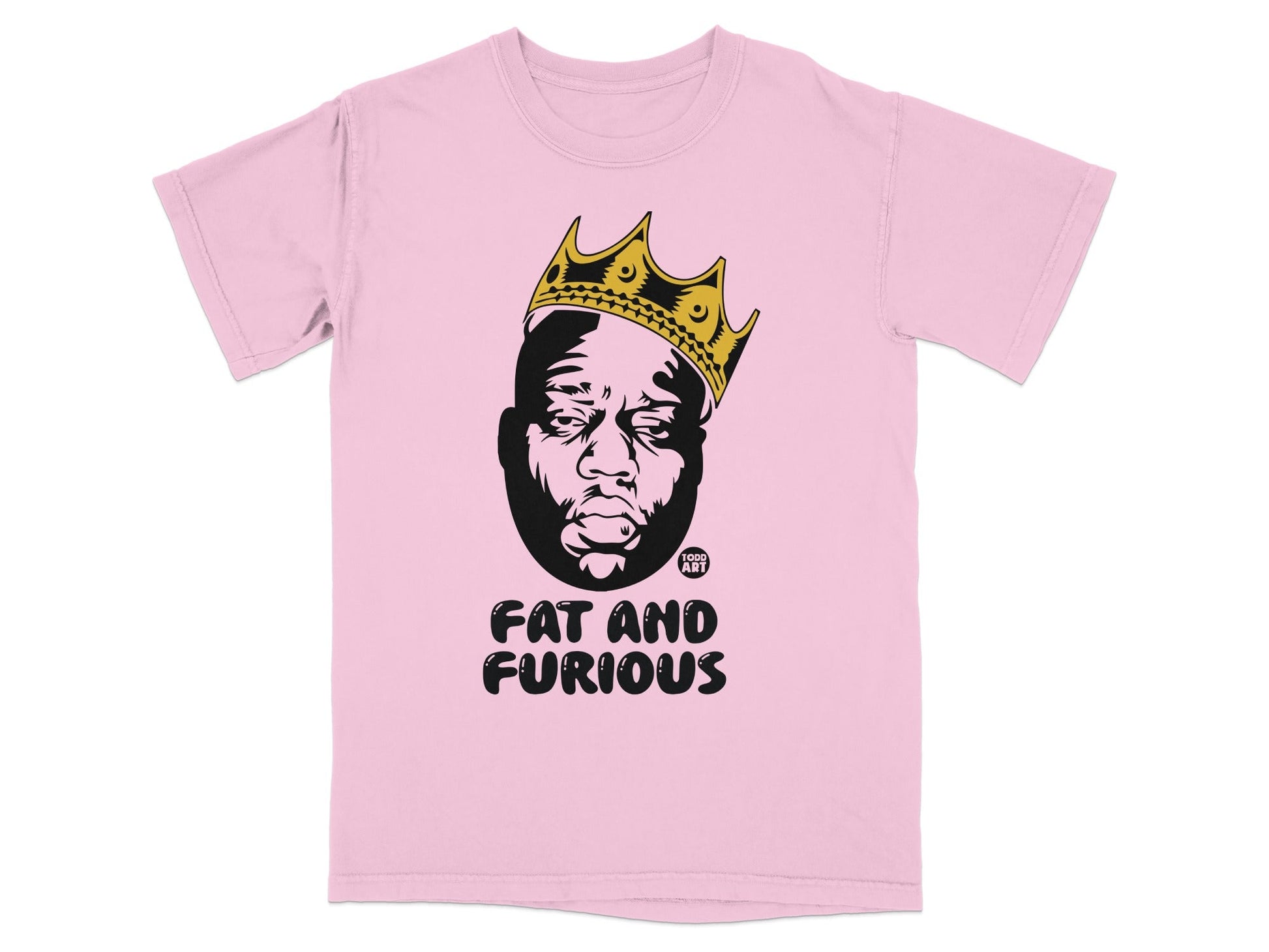 Pink t-shirt with a black and gold crown on a man's head.