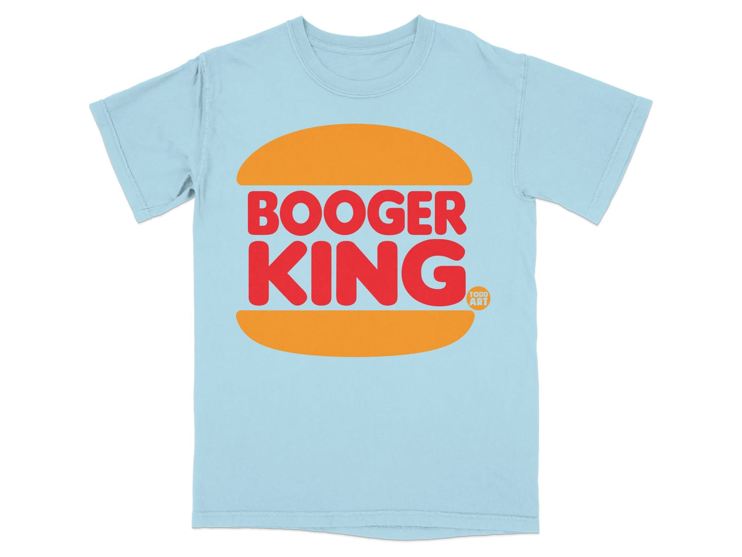 Light blue t-shirt with Booger King logo in orange and red.