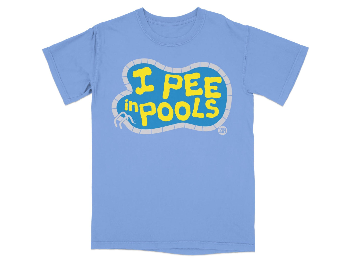 Blue t-shirt with yellow text that reads "I PEE IN POOLS" in a pool shape.