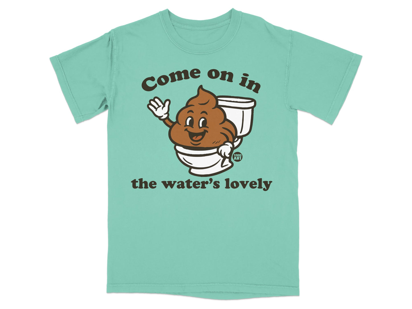Cartoon toilet with smiling face, waving, saying "Come on in the water's lovely."