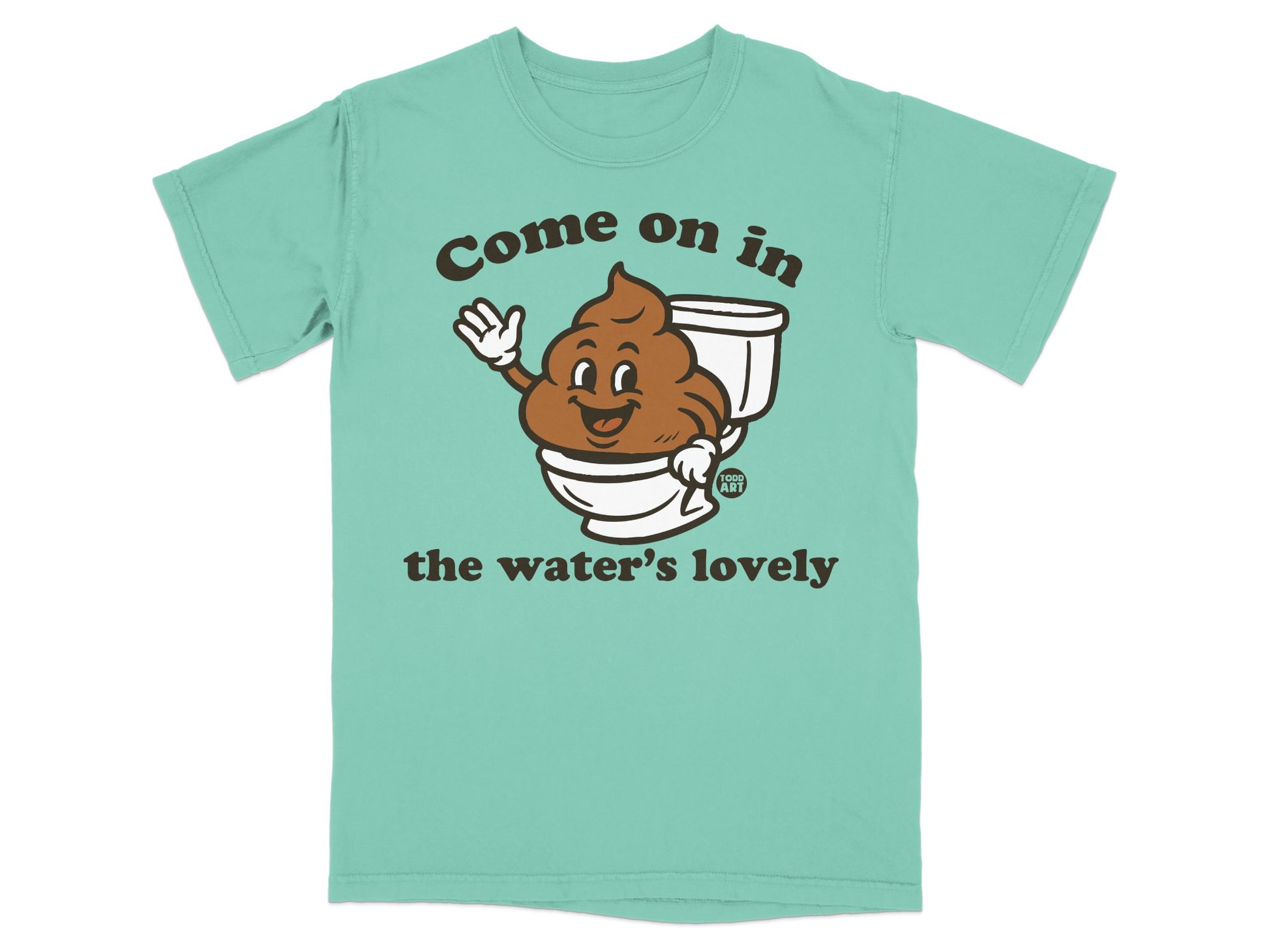 Cartoon toilet with smiling face, waving, saying "Come on in the water's lovely."