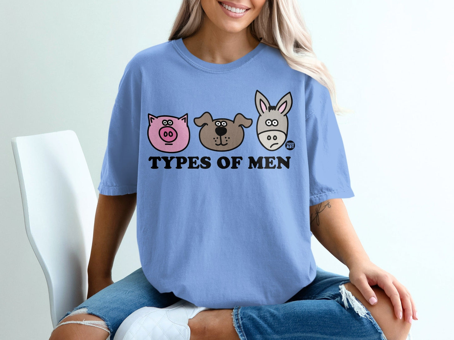 Three cartoon animal faces labeled "Types of Men" on a blue t-shirt.
