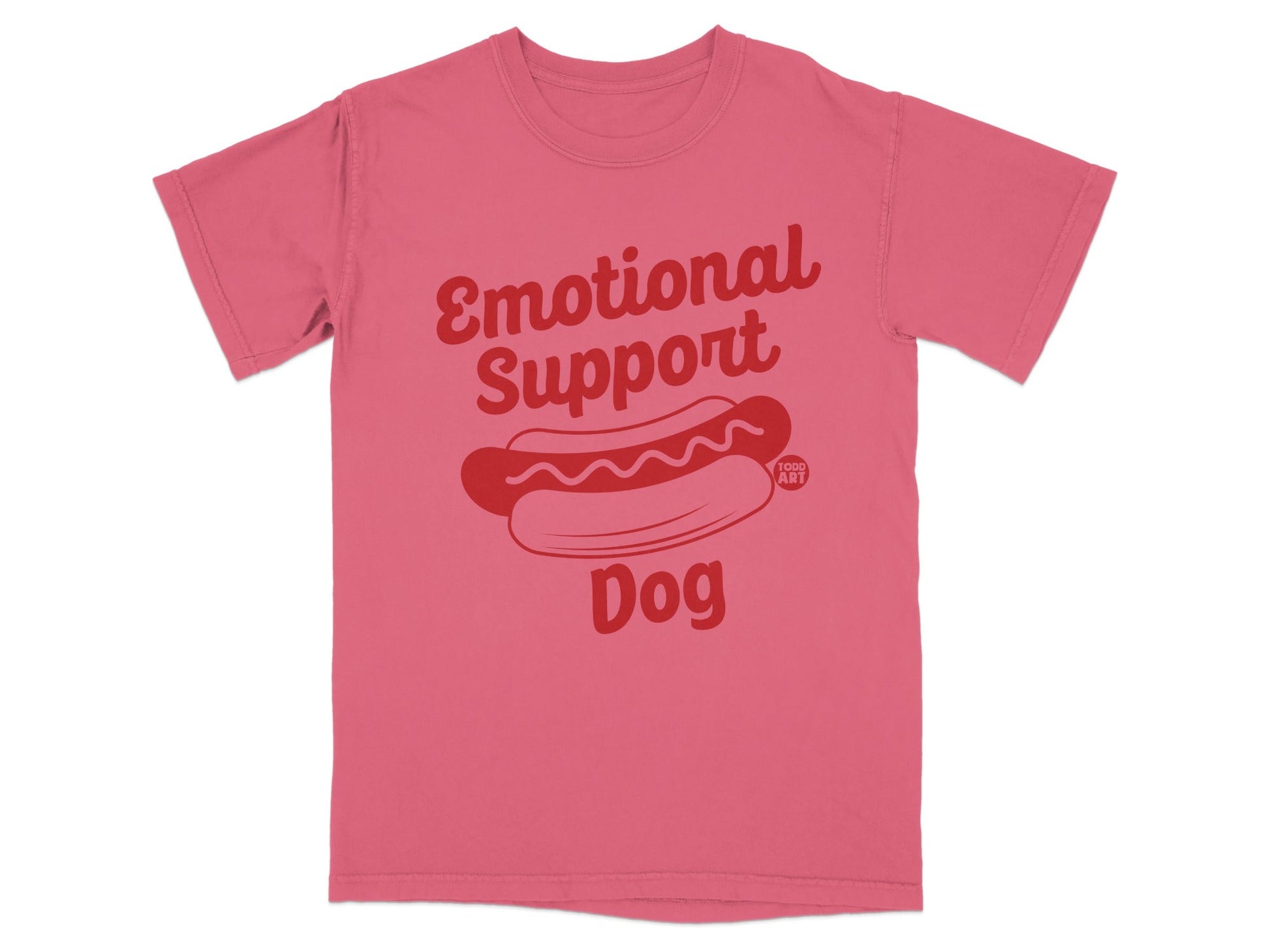 Pink t-shirt with "Emotional Support Dog" and hot dog graphic.
