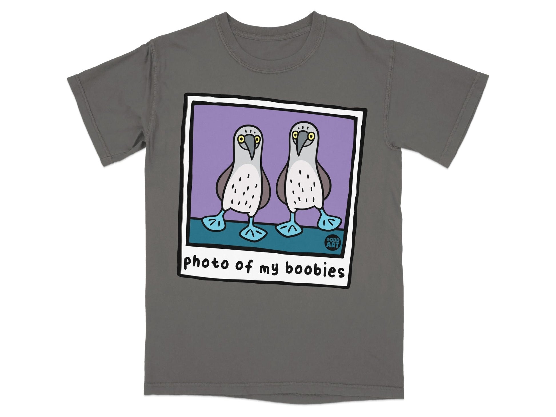 Gray t-shirt with a polaroid of two blue-footed boobies and text "photo of my boobies".