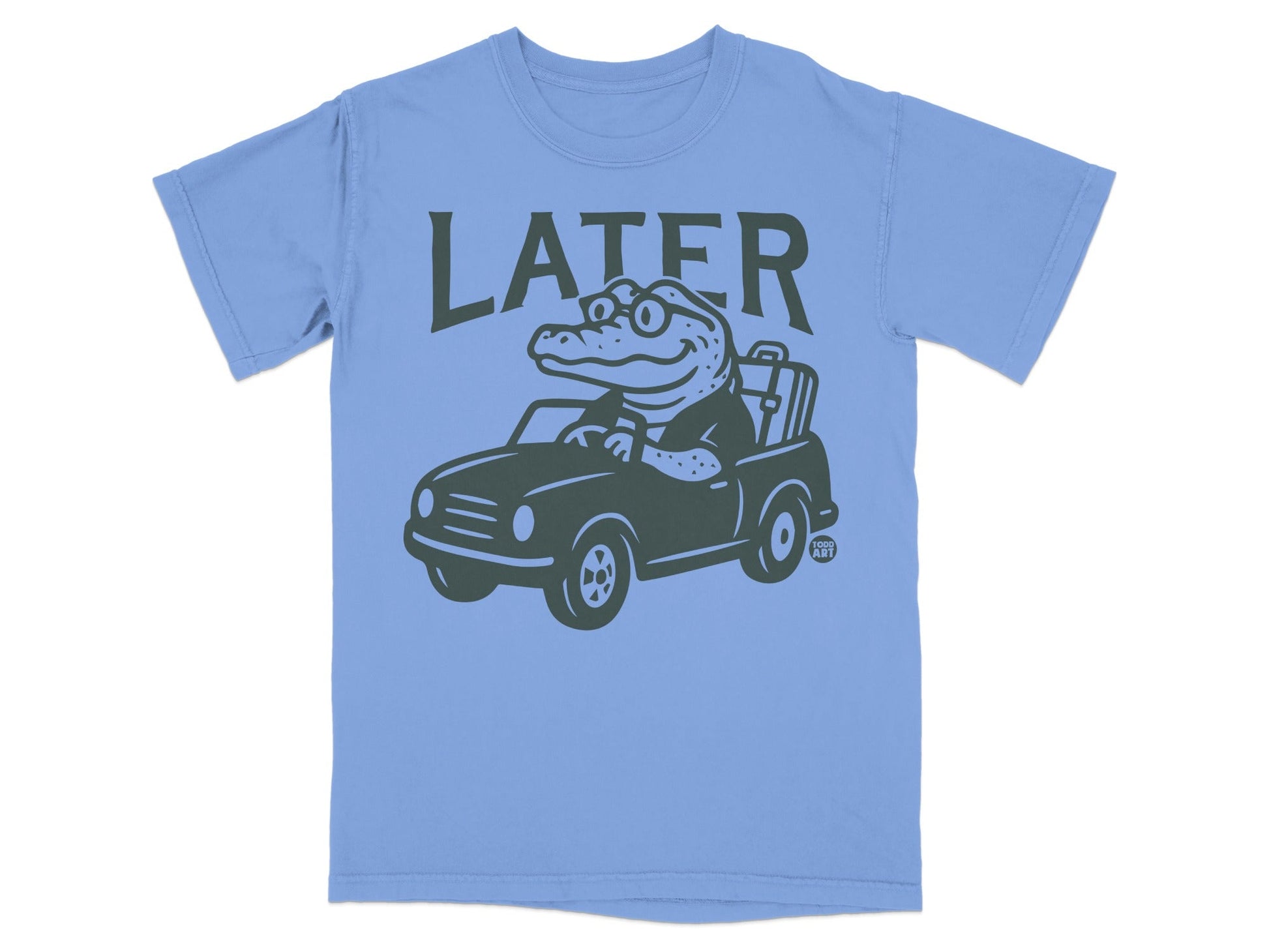Alligator wearing glasses driving a car with luggage, text "LATER".
