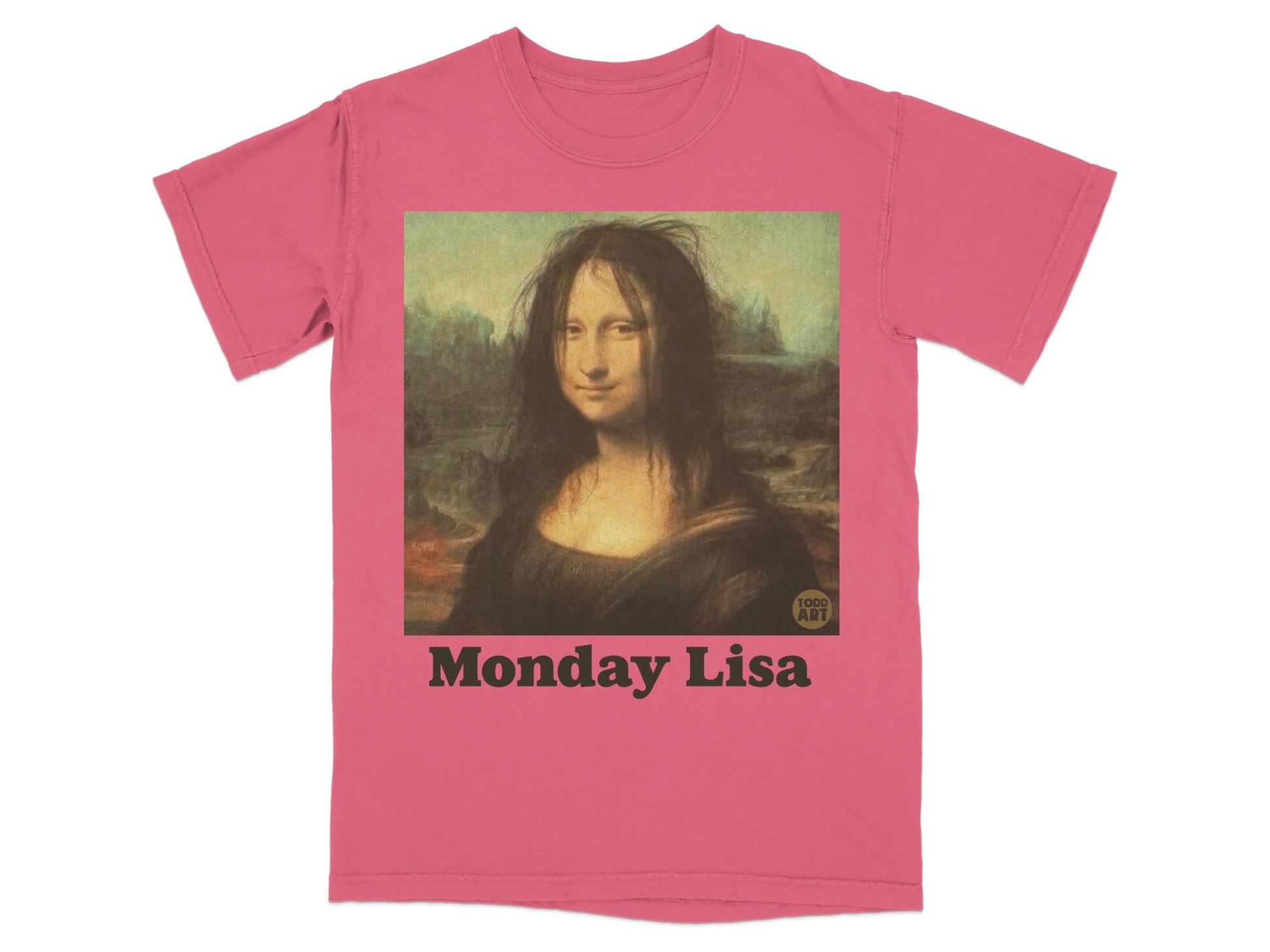 Pink t-shirt with Mona Lisa parody titled "Monday Lisa"