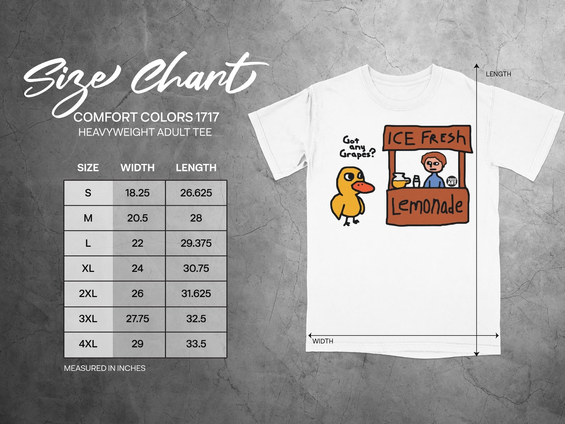 Comfort Colors heavyweight adult tee size chart with duck at lemonade stand.
