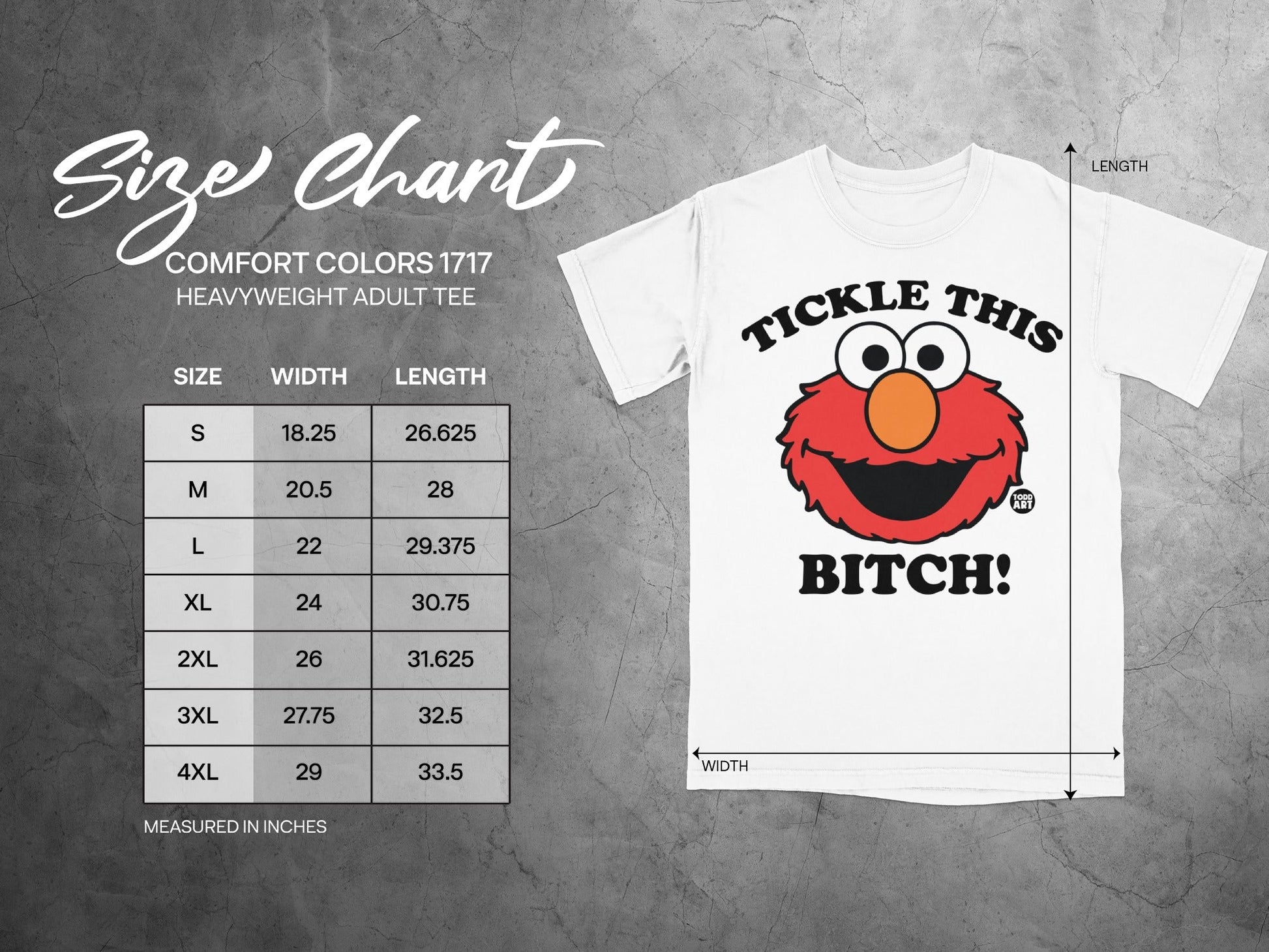 Elmo graphic t-shirt with "Tickle This Bitch!" text and size chart.