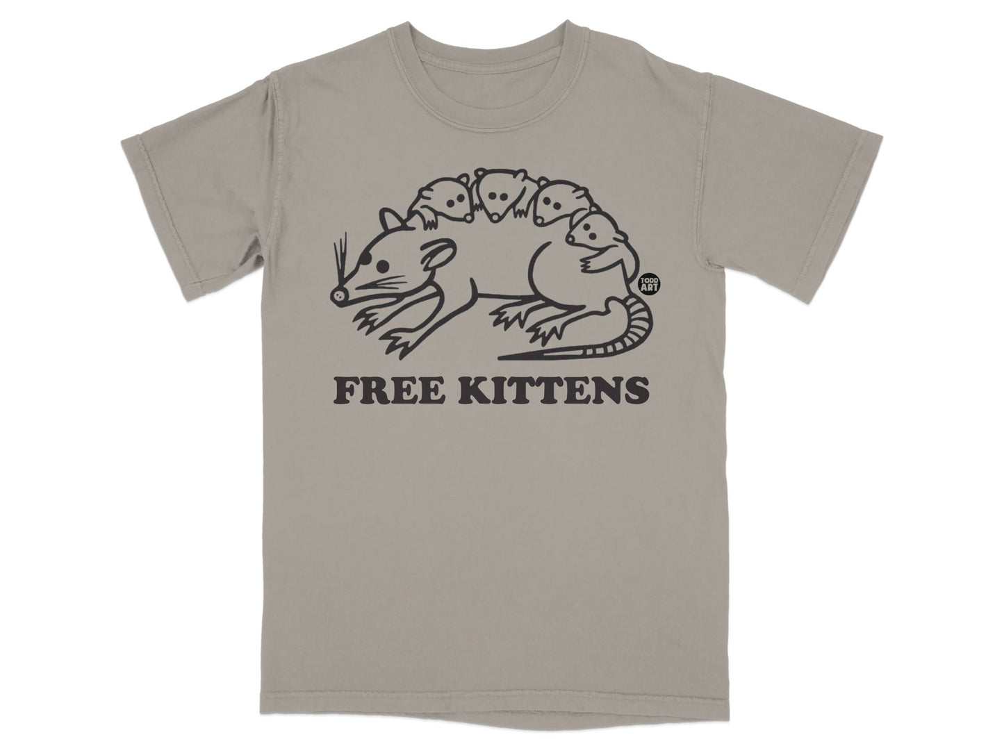 T-shirt with "FREE KITTENS" text and a cartoon rat carrying five kittens.