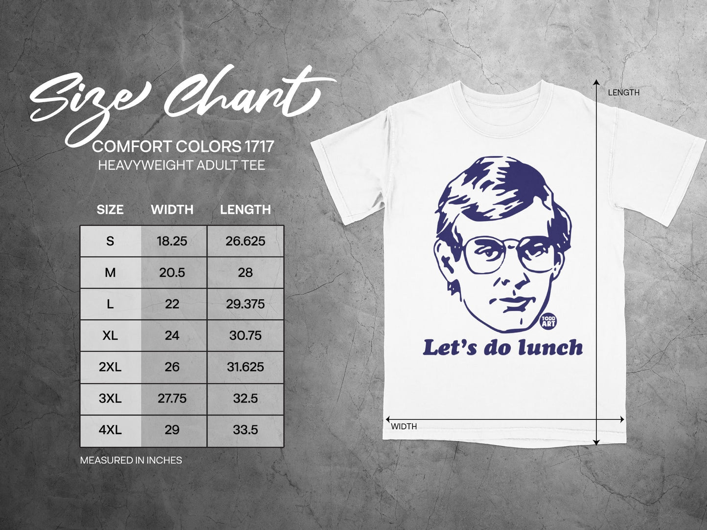 Size chart for Comfort Colors heavyweight adult tee, featuring graphic and measurements.