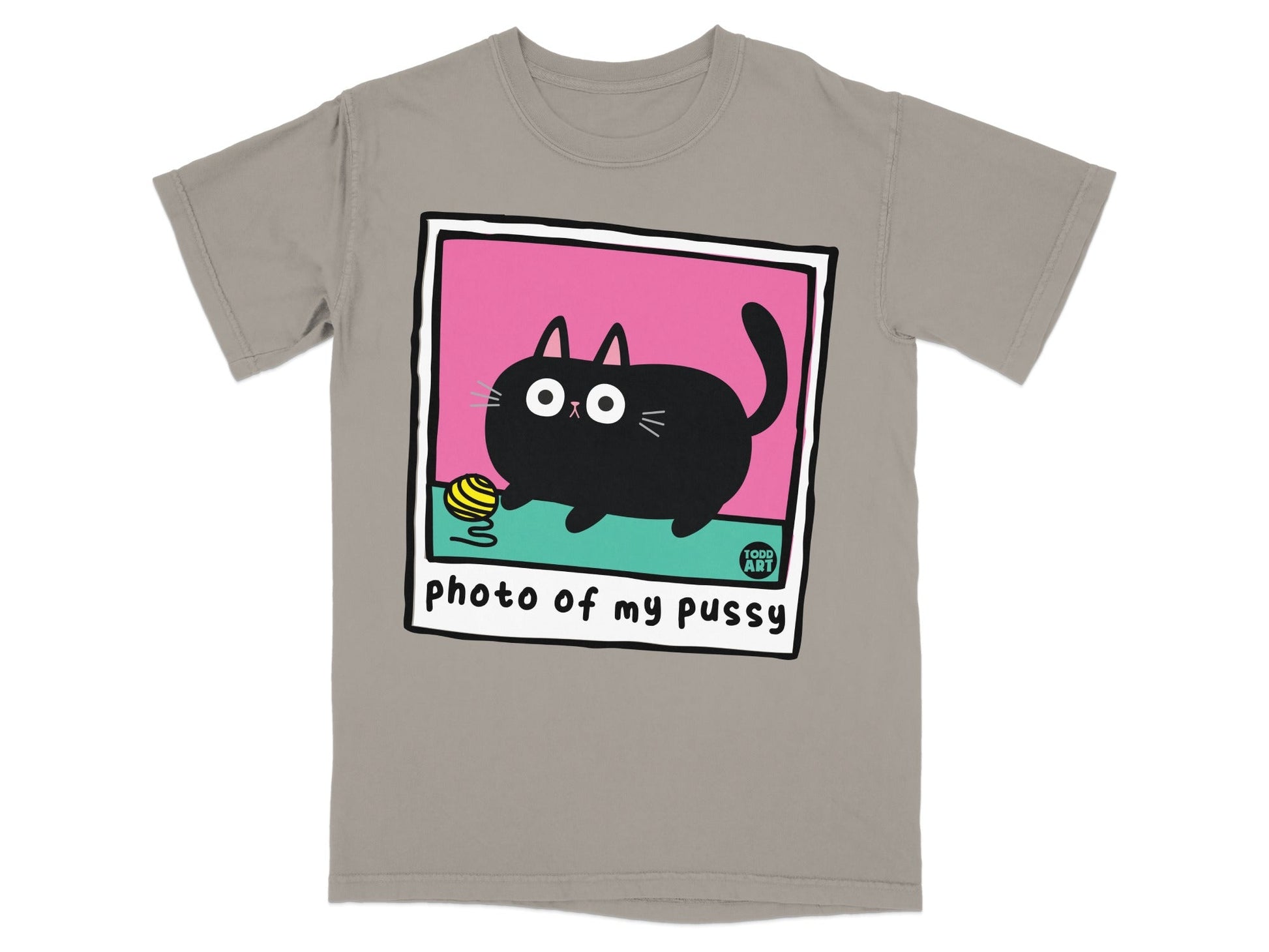 T-shirt with cartoon black cat playing with a ball of yarn, text "photo of my pussy".