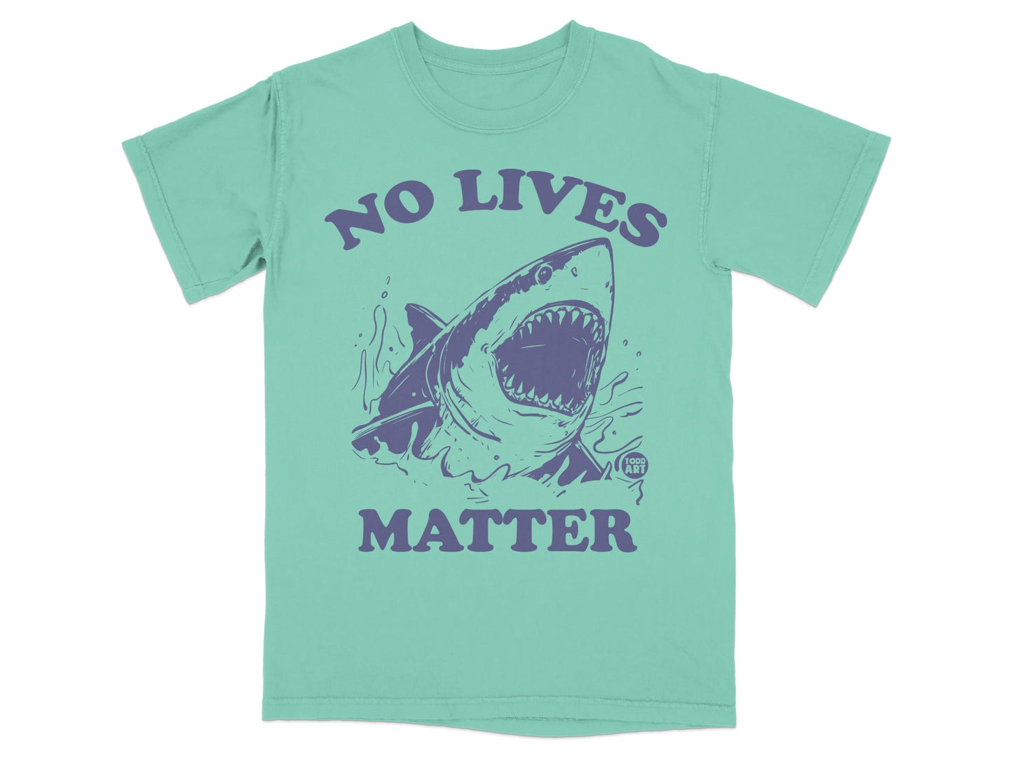 Mint t-shirt with purple graphic of shark and text "NO LIVES MATTER".