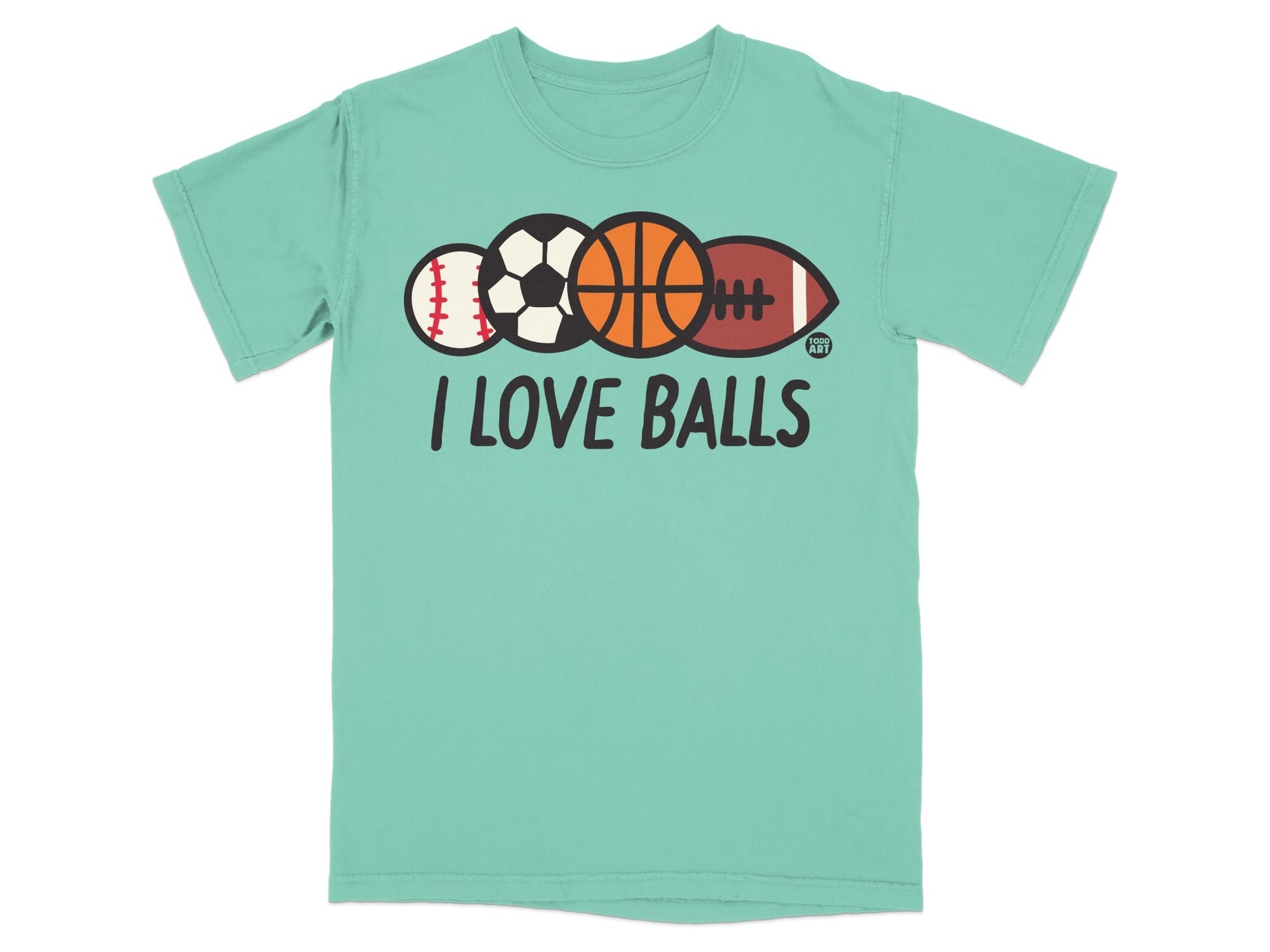 T-shirt with baseball, basketball, soccer ball, football, and text "I LOVE BALLS".