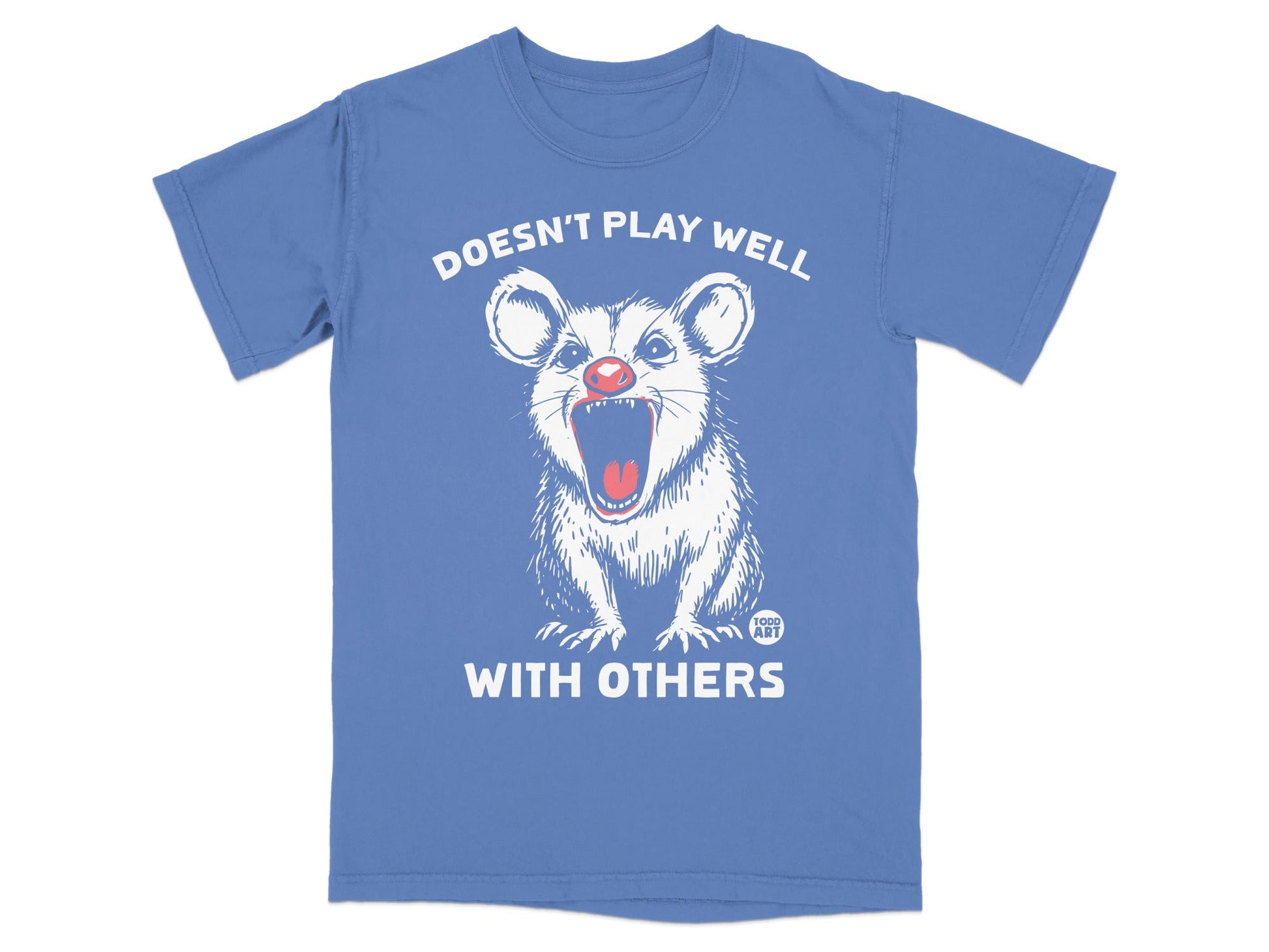 Blue t-shirt with a screaming possum graphic and text "DOESN'T PLAY WELL WITH OTHERS".