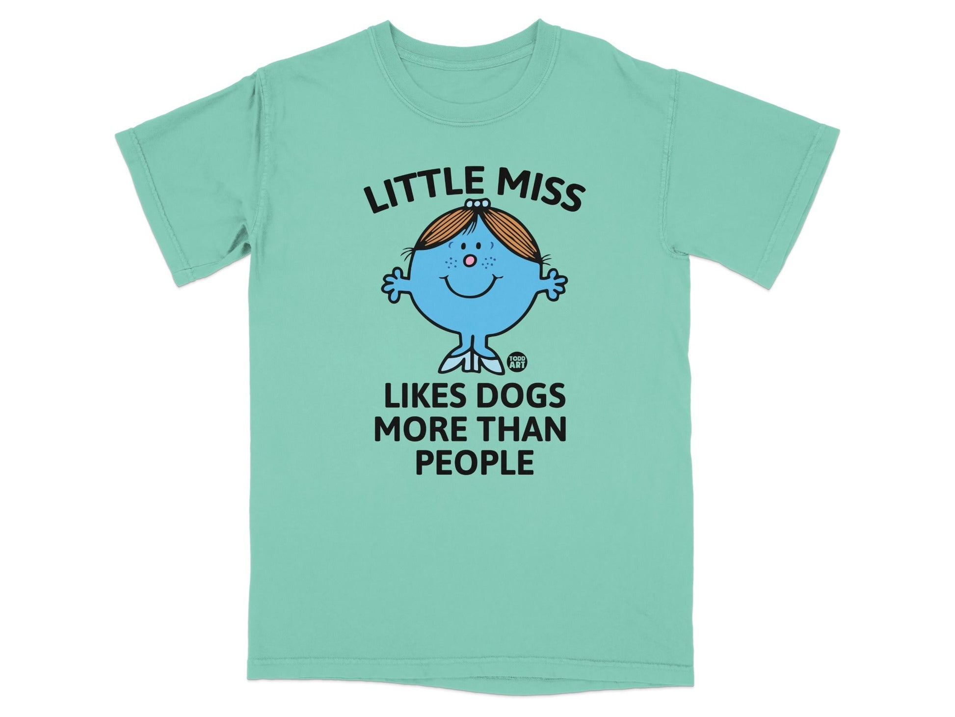 Little Miss character saying "LITTLE MISS LIKES DOGS MORE THAN PEOPLE"