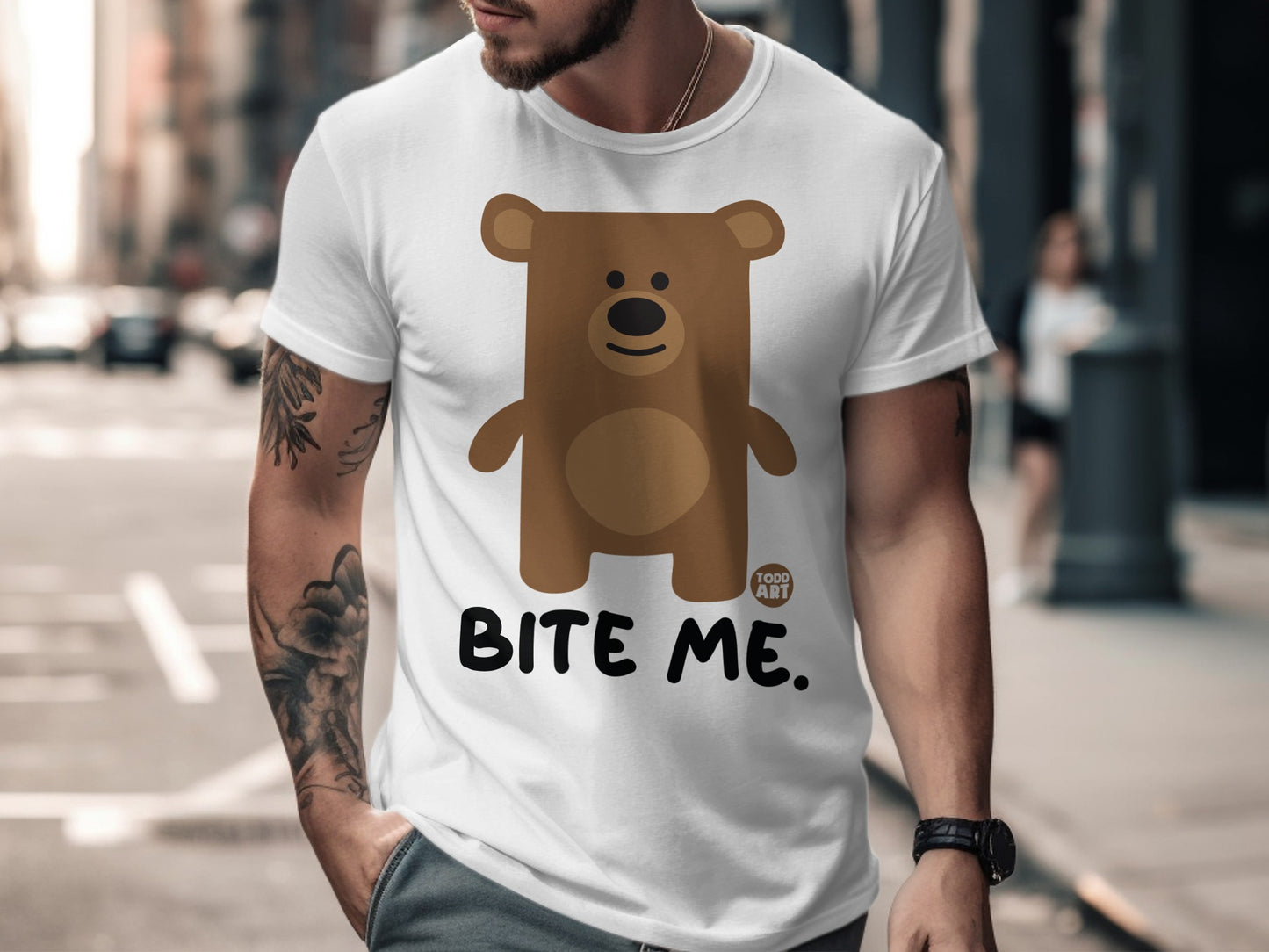 Bite Me Bear Cartoon Graphic White T-shirt