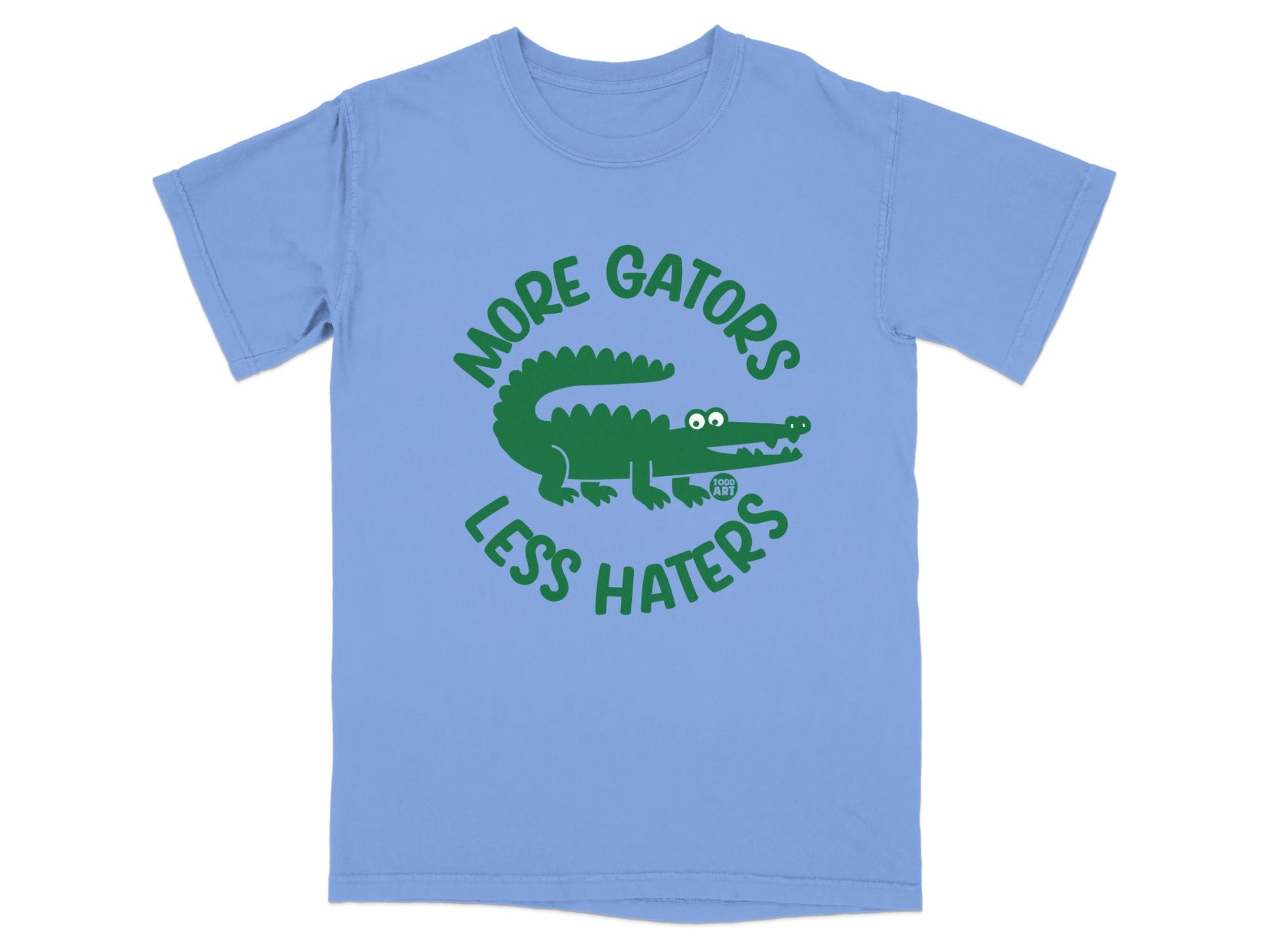 Blue t-shirt with a green alligator graphic and text "MORE GATORS LESS HATERS".