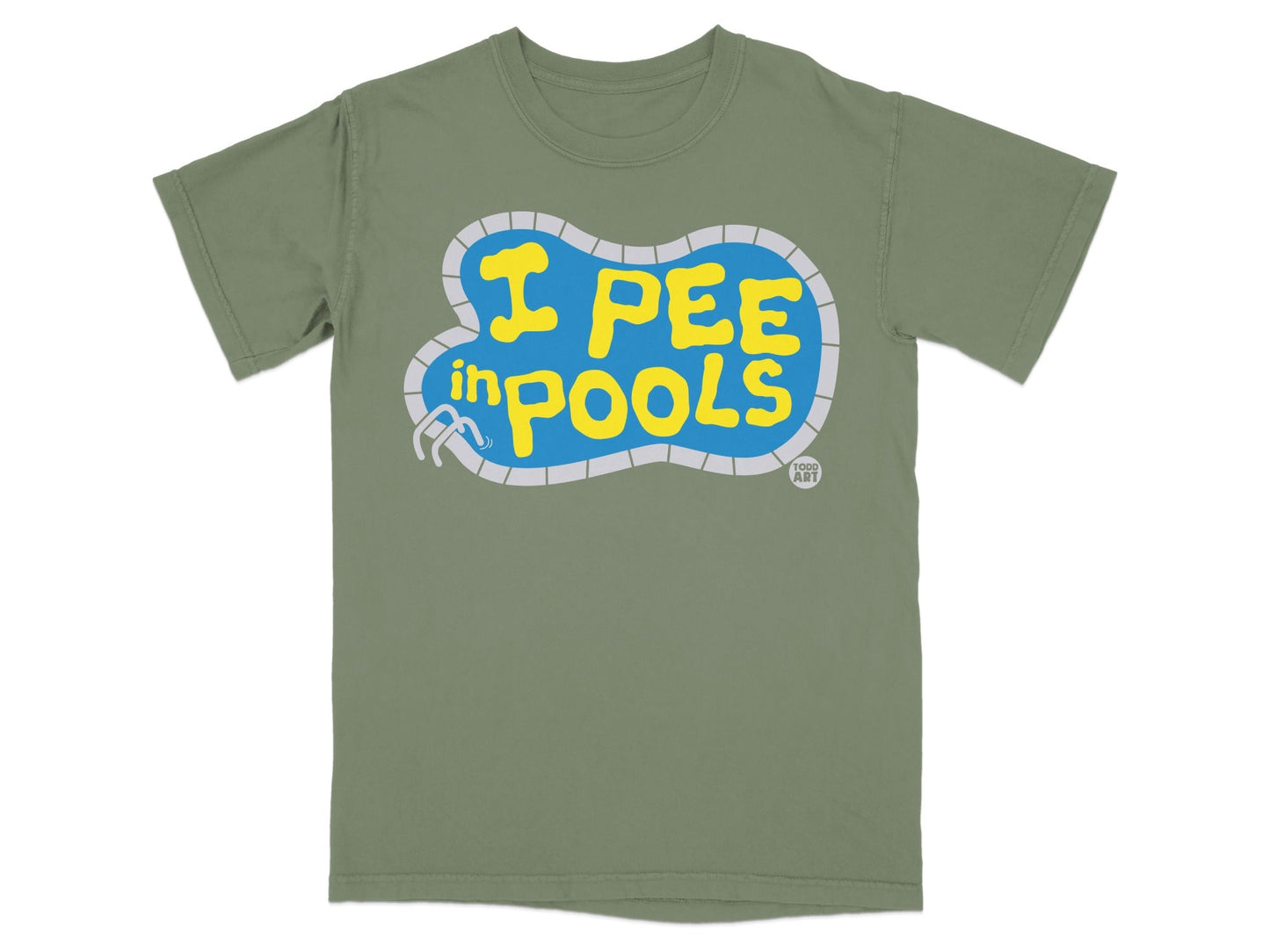 Olive green t-shirt with yellow text and a blue swimming pool graphic.