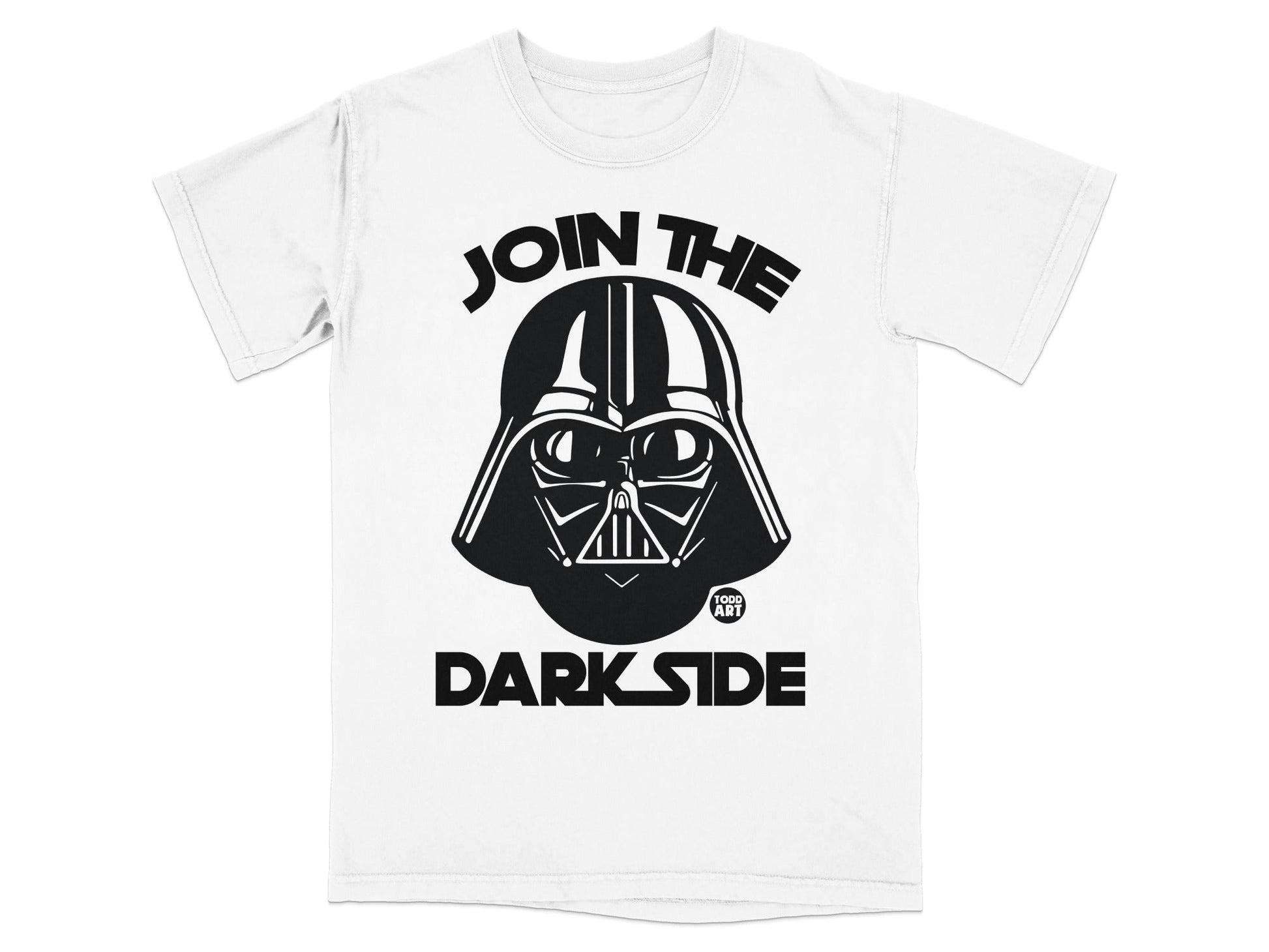 White t-shirt with Darth Vader's helmet and "JOIN THE DARK SIDE" text.
