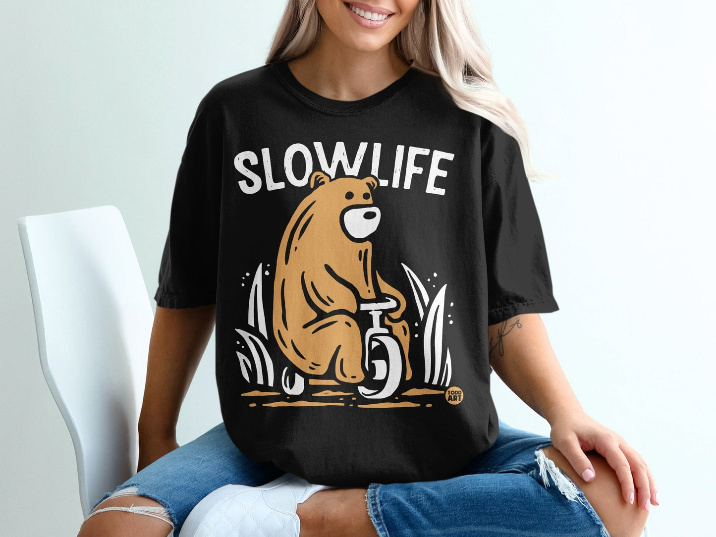 Slow Life Bear Riding Unicycle Graphic T-Shirt