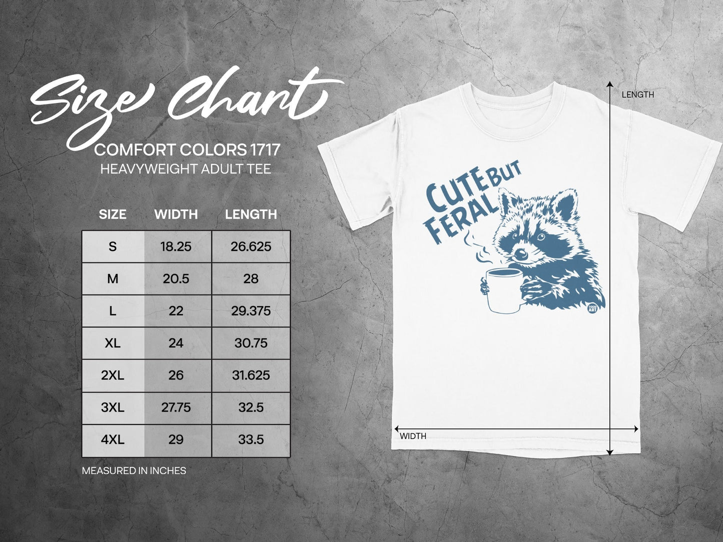 Size chart for heavyweight adult tee, showing size, width, and length measurements in inches.