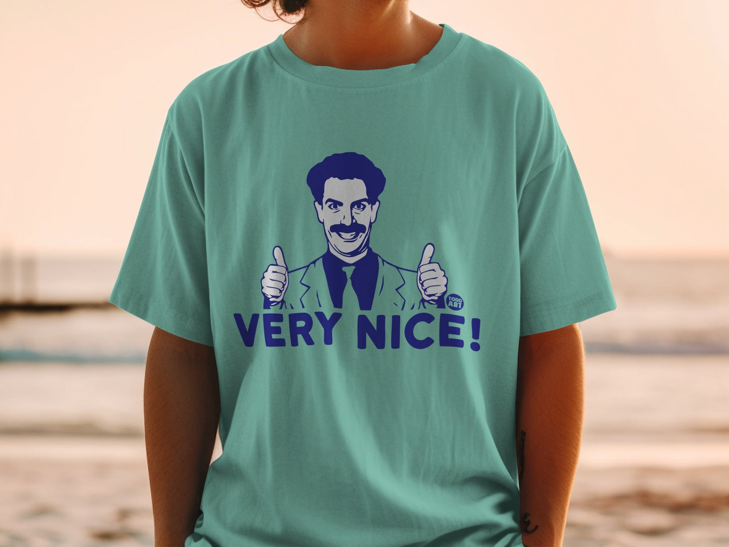 T-shirt with Borat giving two thumbs up and saying "VERY NICE!"