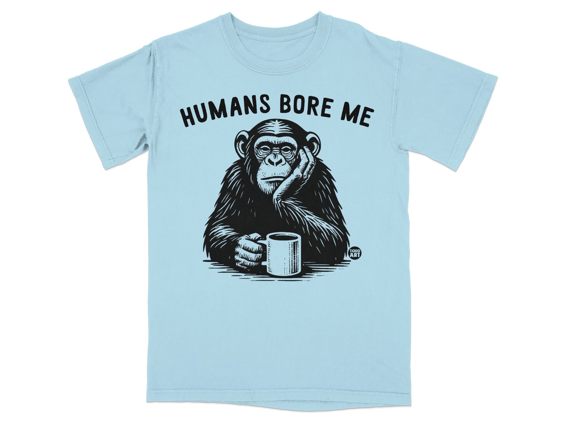 Chimpanzee with hand on chin holding mug, text reads "Humans Bore Me".