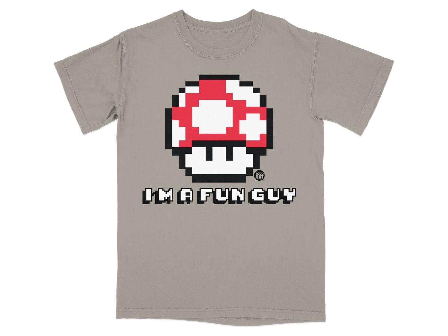 Pixelated mushroom with "I'M A FUN GUY" text on a grey t-shirt.