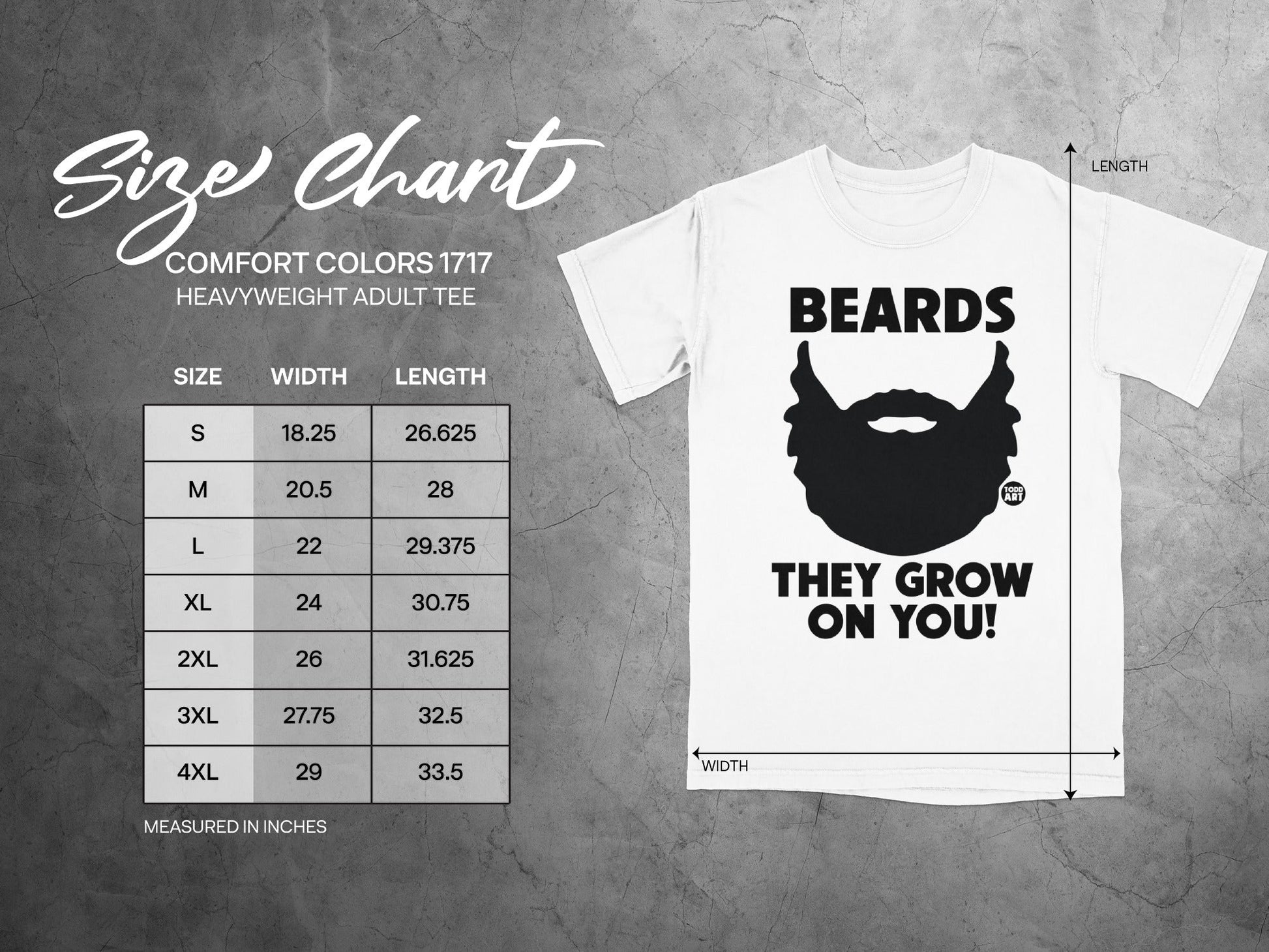 Size chart for Comfort Colors heavyweight adult tee with beard graphic.