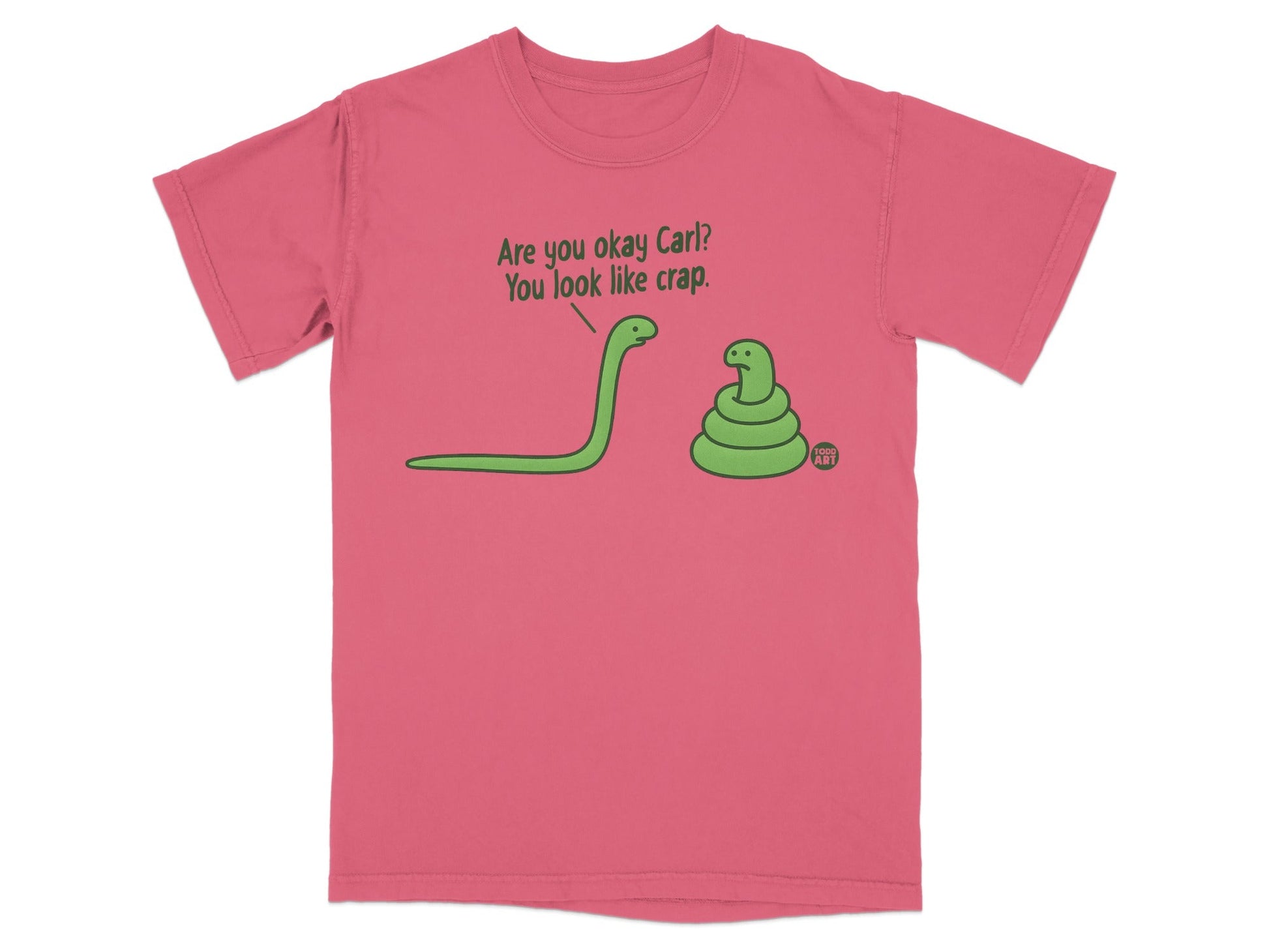 Coral t-shirt with cartoon snake asking another snake, "You look like crap."