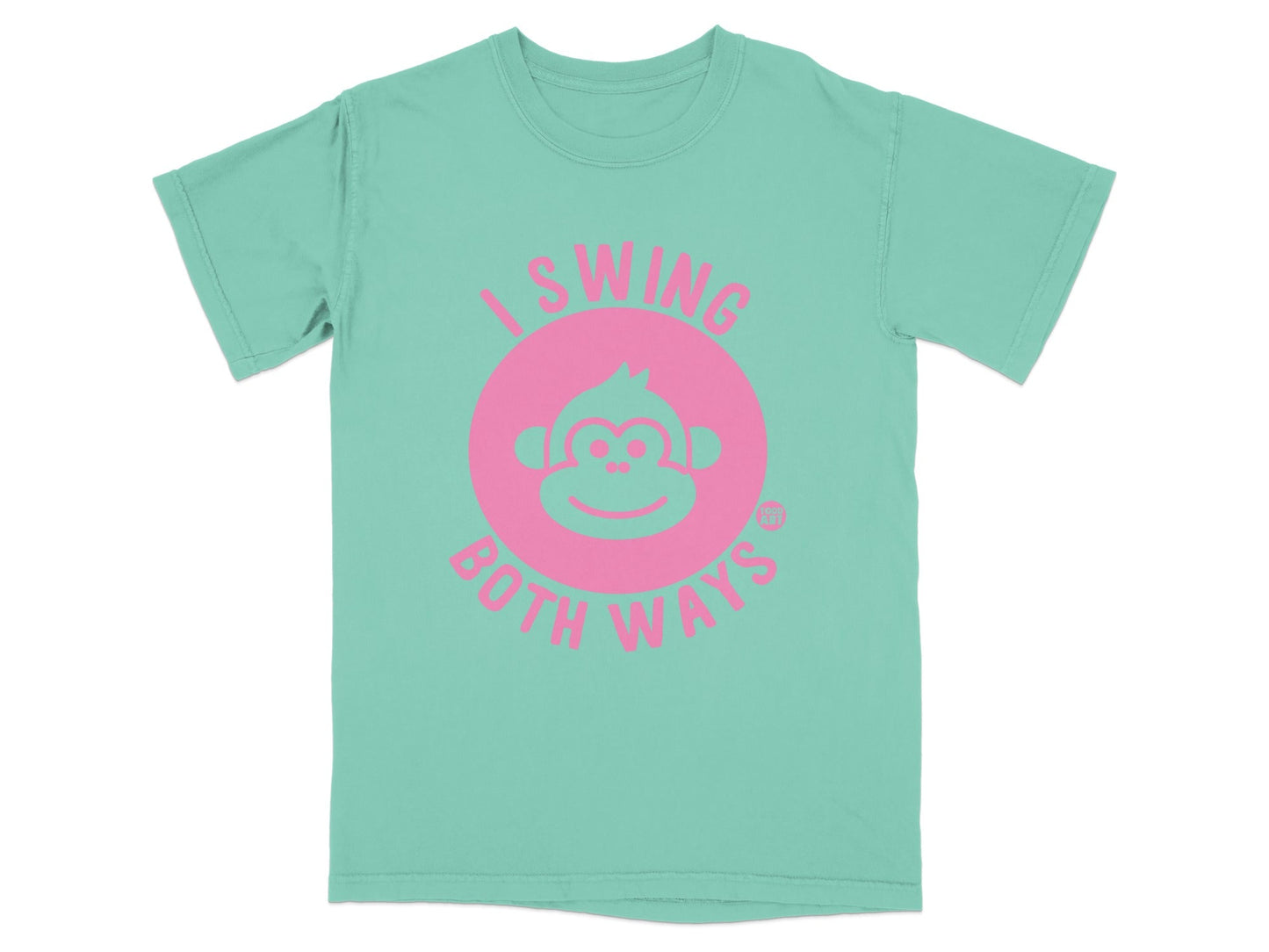 Teal t-shirt with pink monkey face and text "I swing both ways".