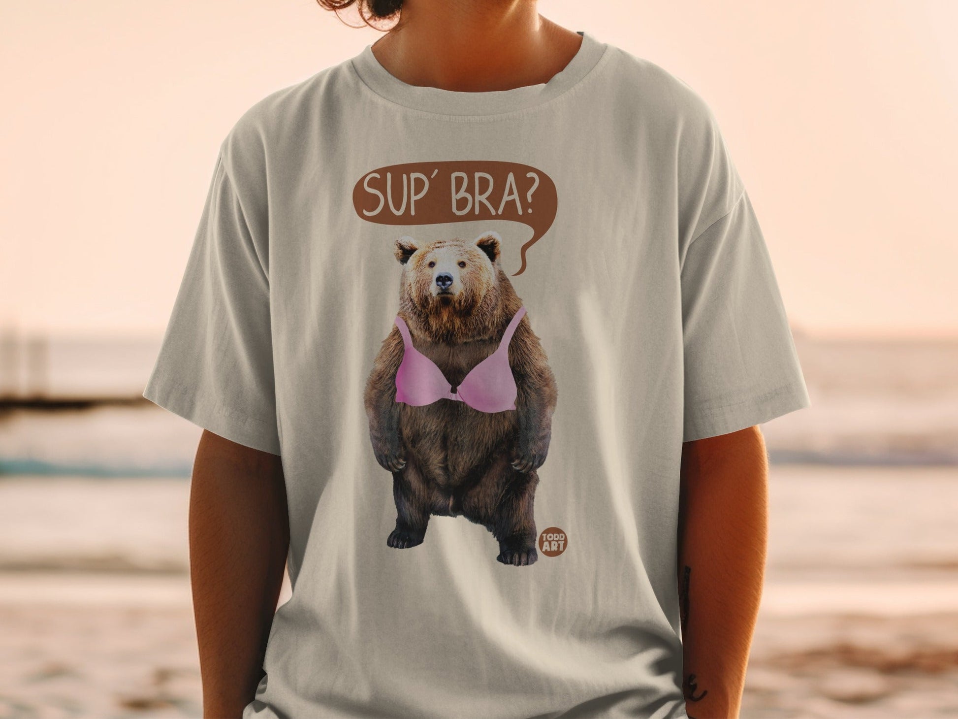 Sup' Bra Bear in Pink Bra Graphic T-Shirt