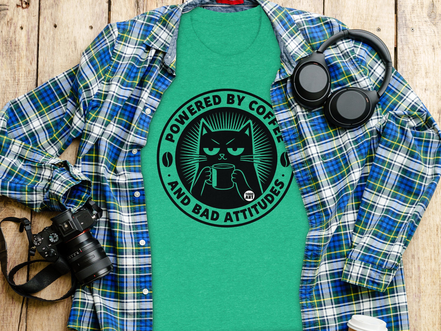 Powered By Coffee and Bad Attitudes Cat Graphic T-shirt