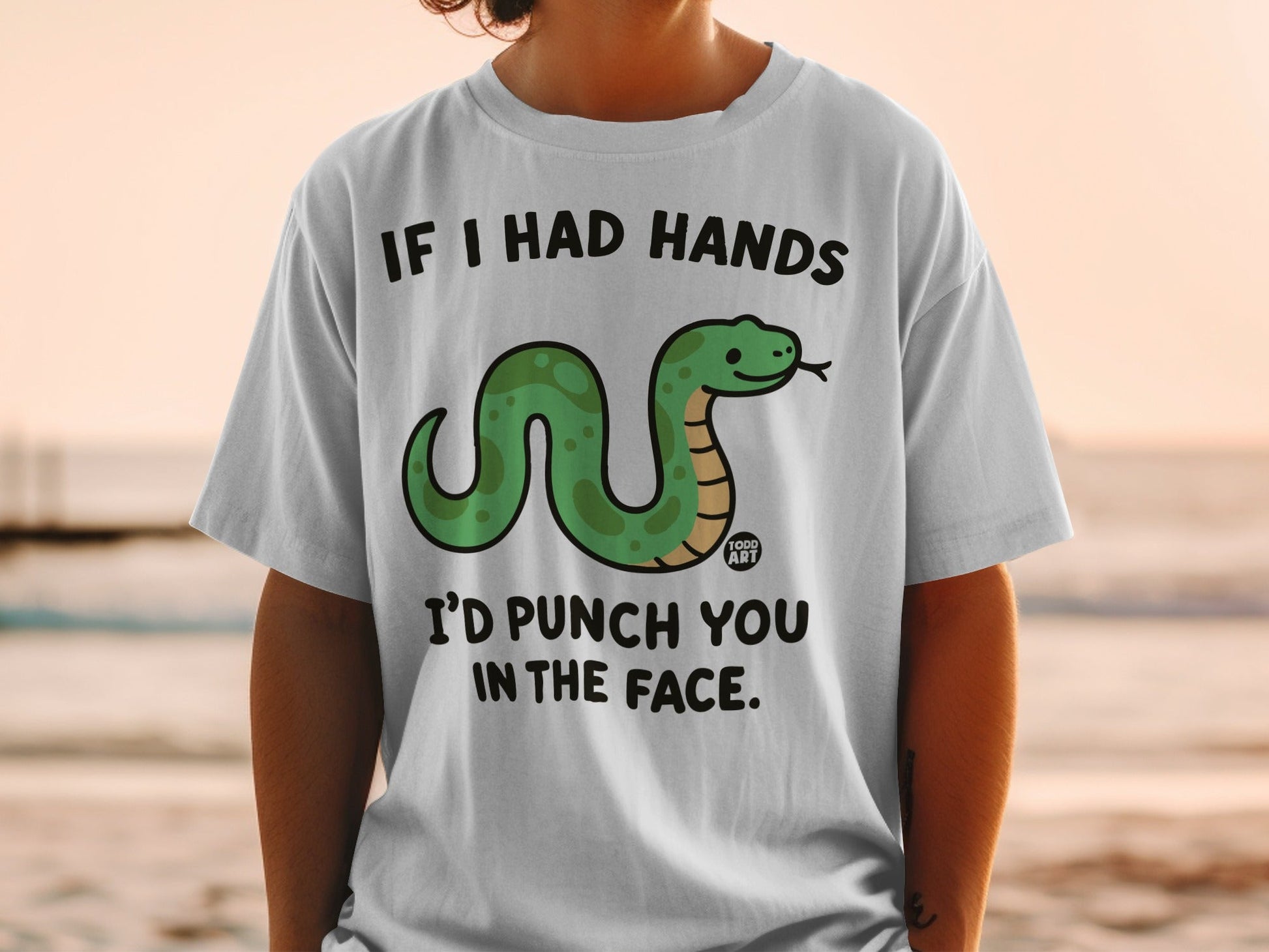 T-shirt with green snake saying "If I had hands I'd punch you in the face."