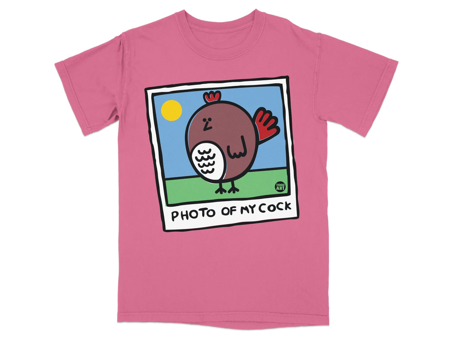 Pink t-shirt with cartoon bird and "PHOTO OF MY COCK" text.