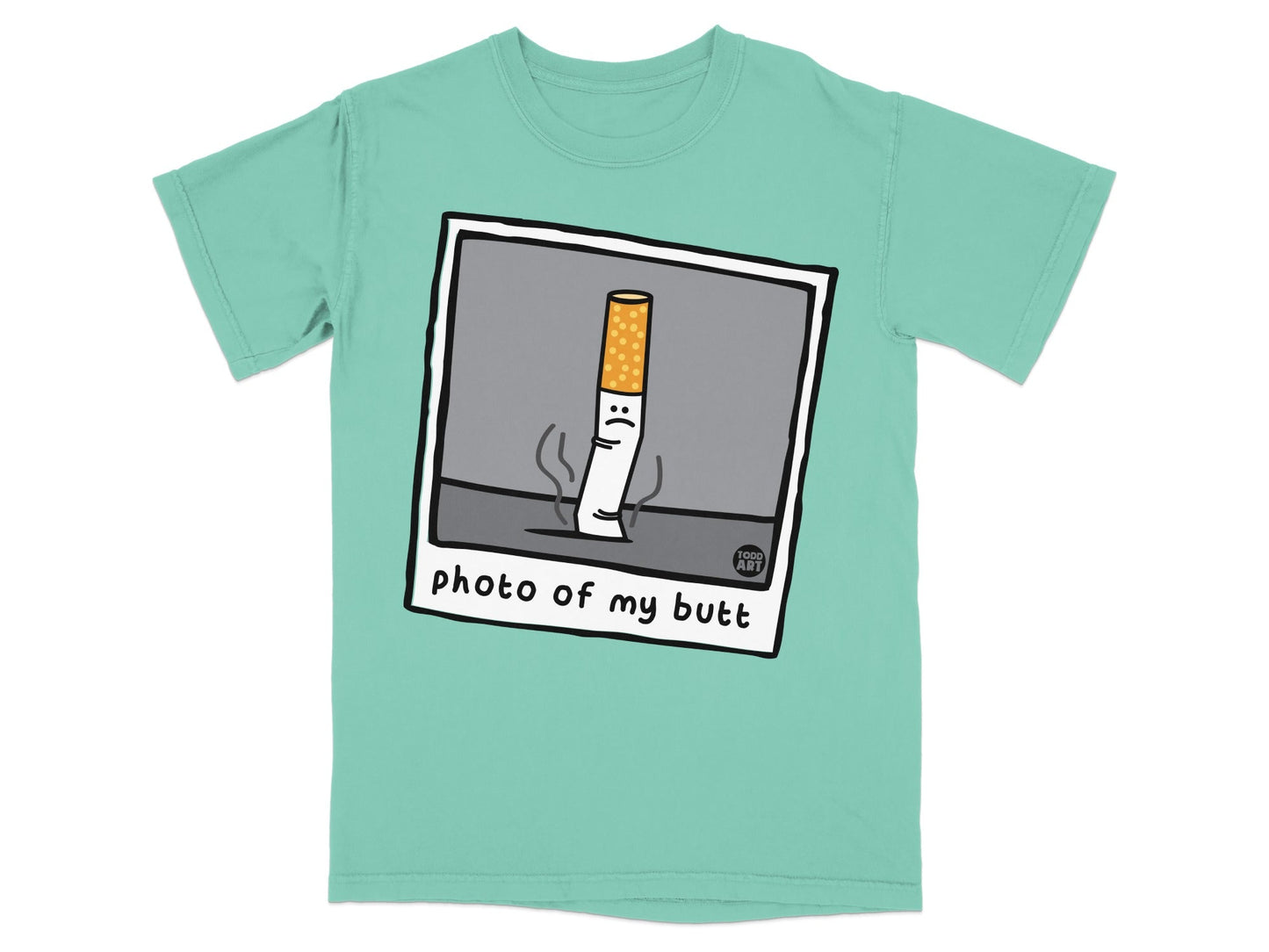 T-shirt with illustration of a sad cigarette on a polaroid photo.