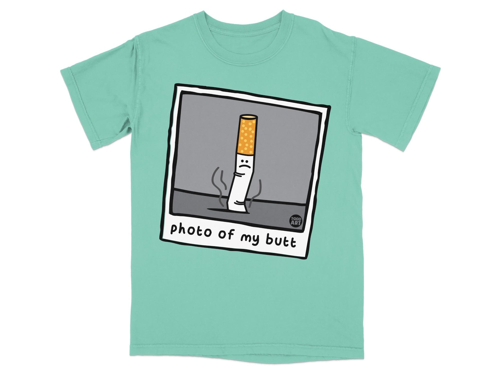 T-shirt with illustration of a sad cigarette on a polaroid photo.
