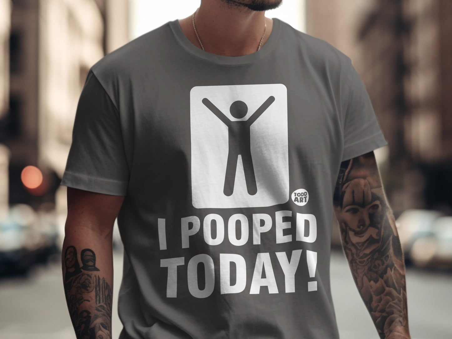 T-shirt with "I POOPED TODAY!" text and stick figure graphic.
