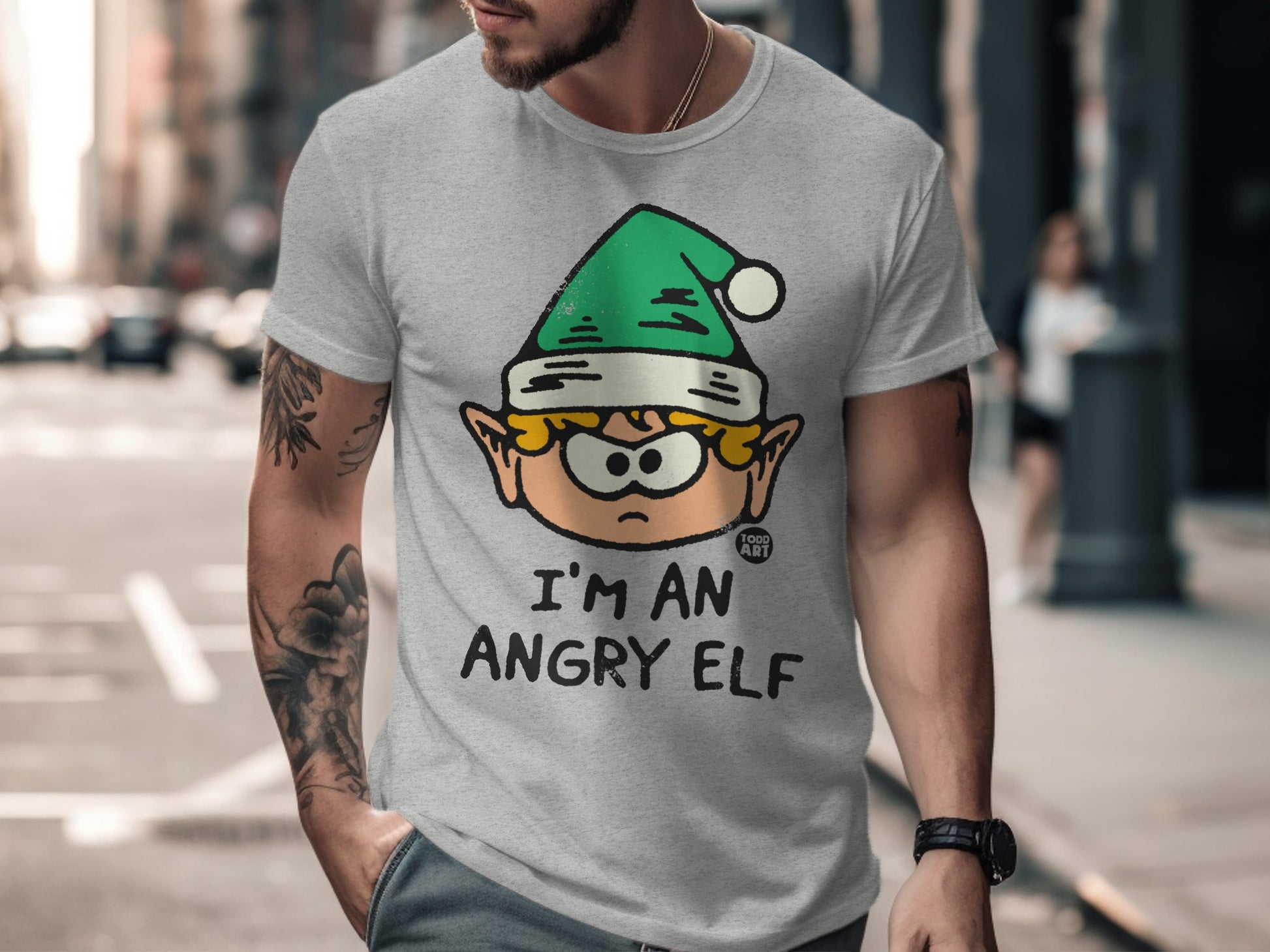Funny Angry Elf Cartoon Holiday Graphic T-Shirt