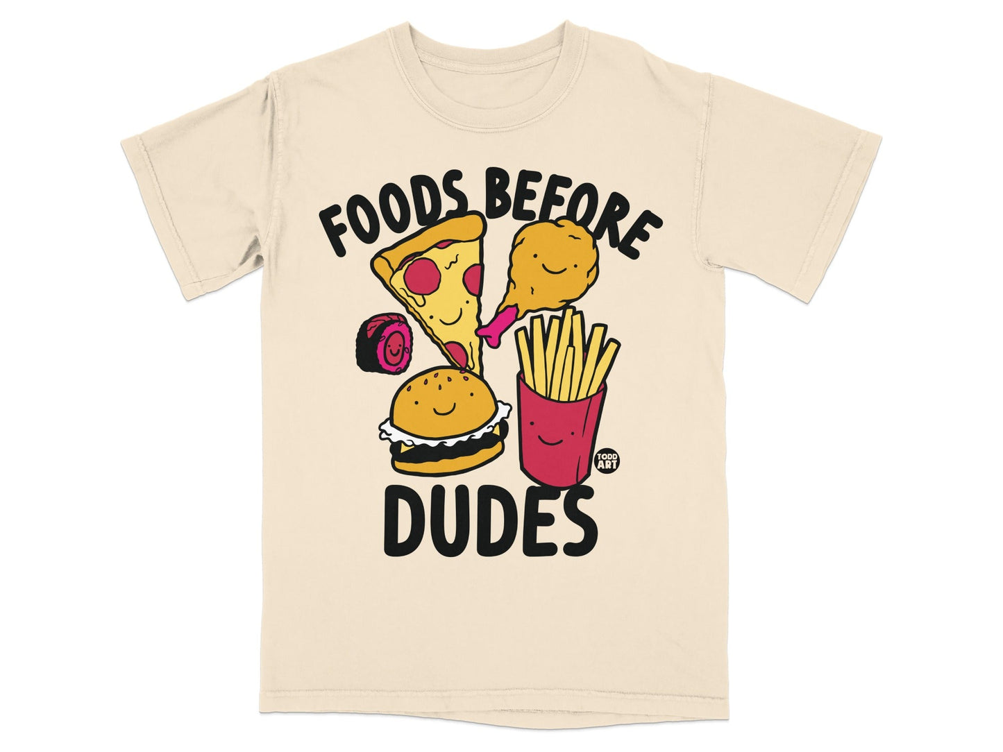 T-shirt with cartoon "Foods Before Dudes" text and fast food graphics.