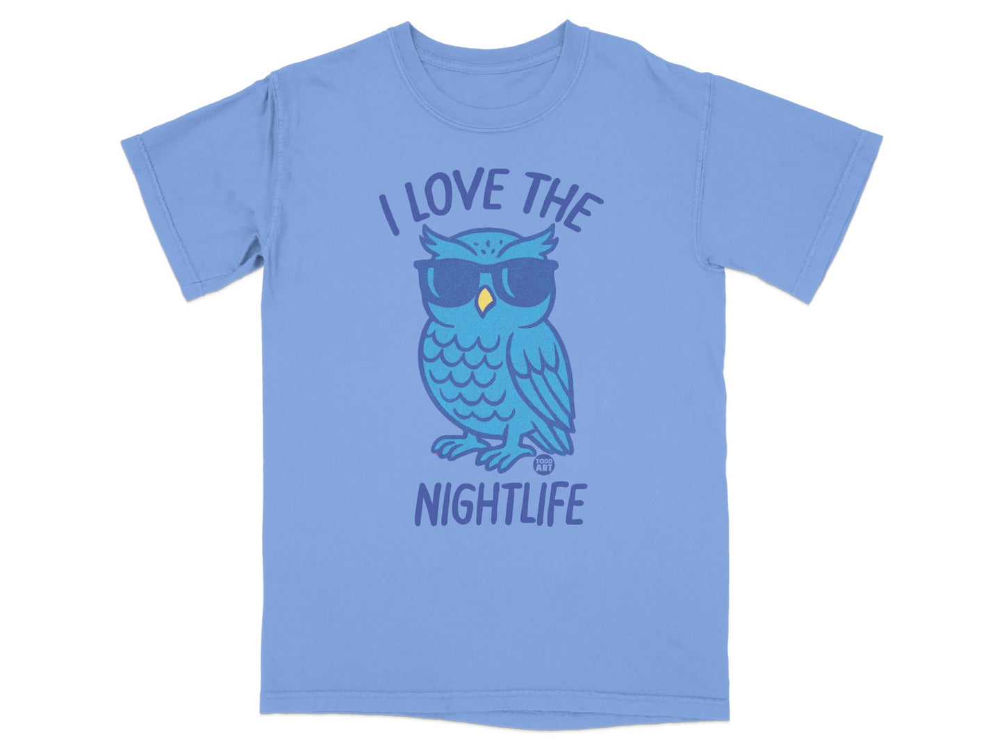 Light blue t-shirt with a cartoon owl wearing sunglasses and the text "I LOVE THE NIGHTLIFE".