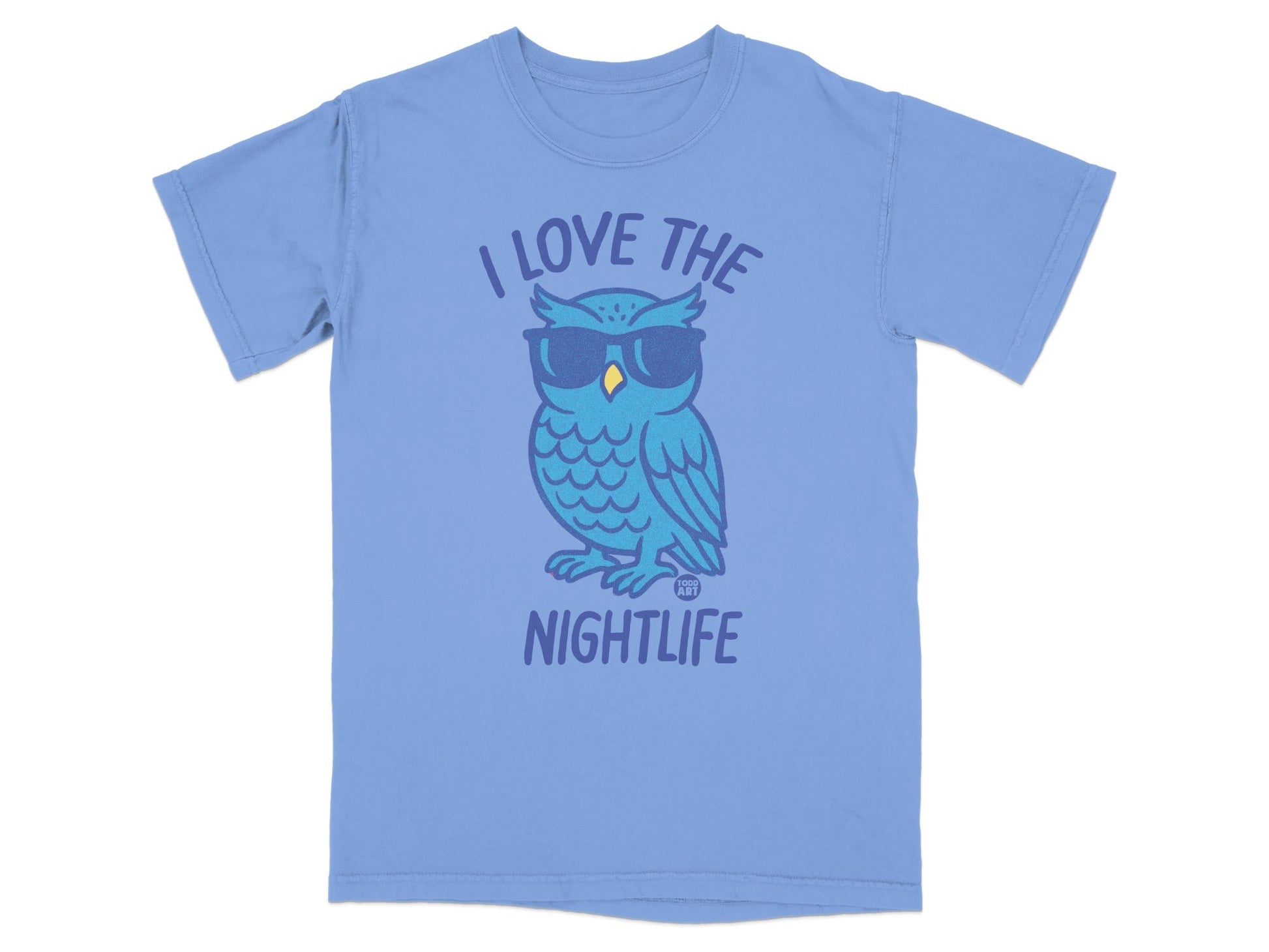 Light blue t-shirt with a cartoon owl wearing sunglasses and the text "I LOVE THE NIGHTLIFE".