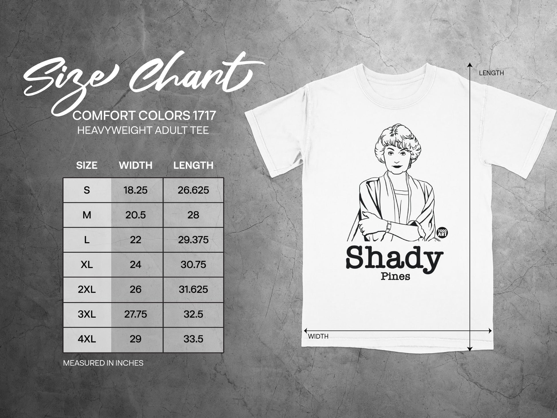 Size chart for Comfort Colors 1717 heavyweight adult tee with measurements.