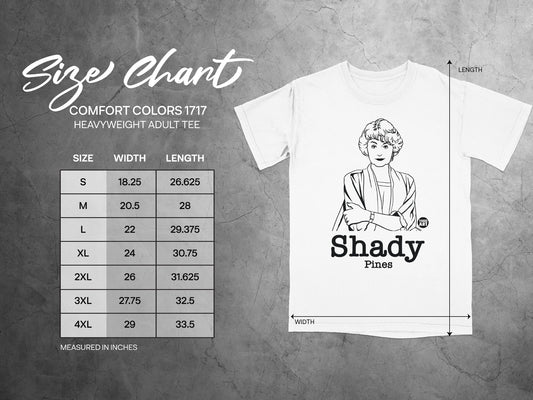 Size chart for Comfort Colors 1717 heavyweight adult tee with measurements.
