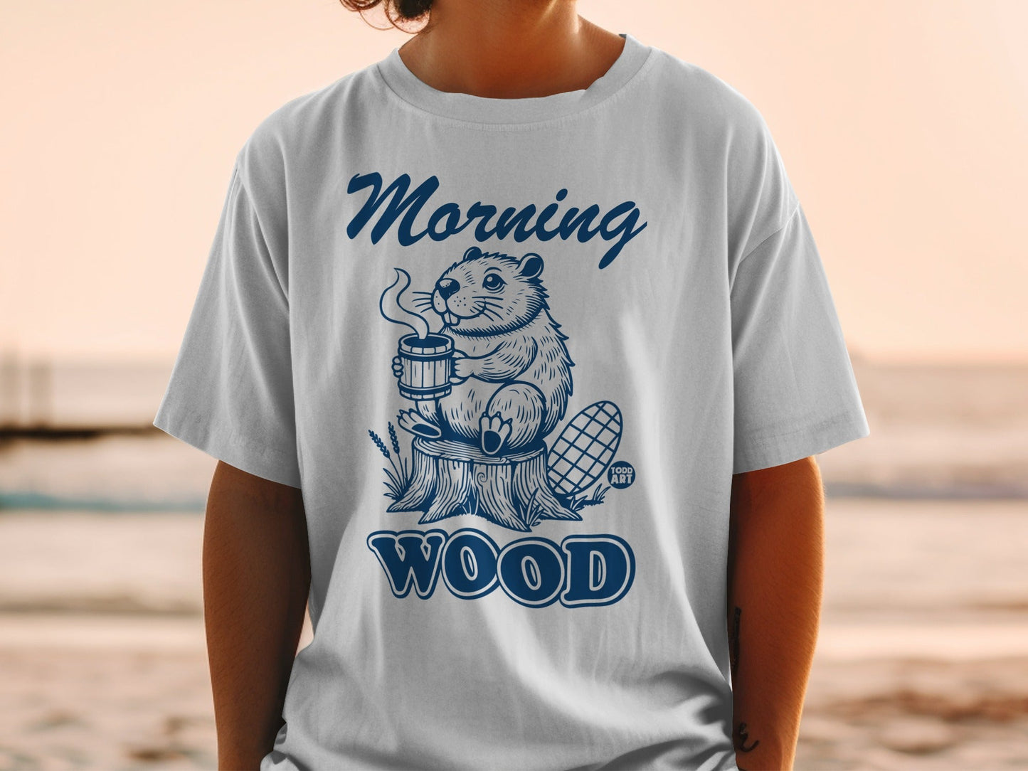 Morning Wood Graphic Beaver Drinking Coffee T-shirt