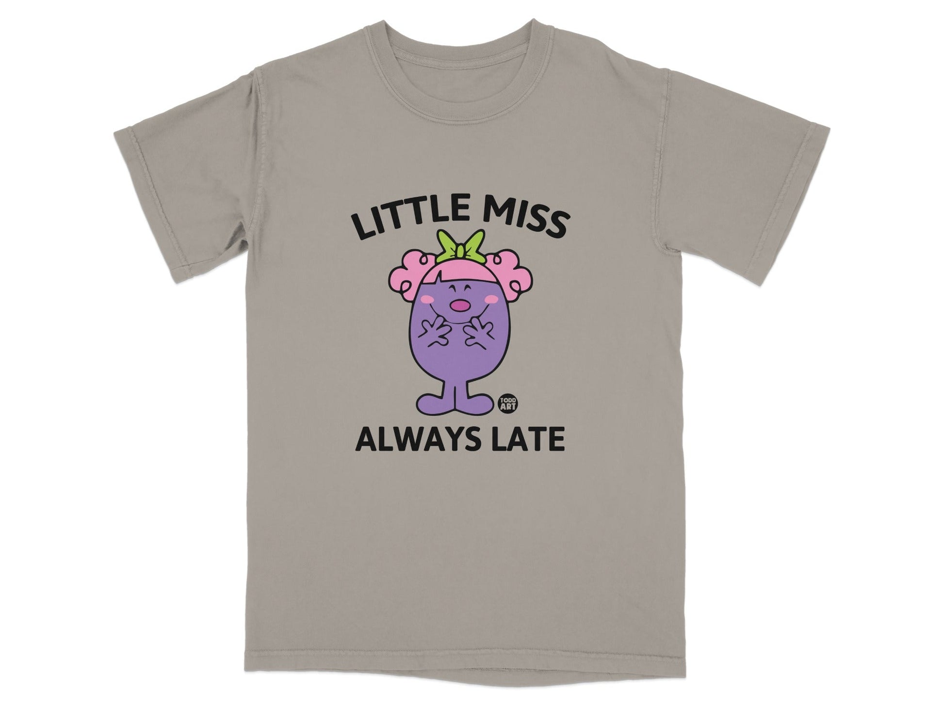Little Miss Always Late graphic t-shirt with a purple character.