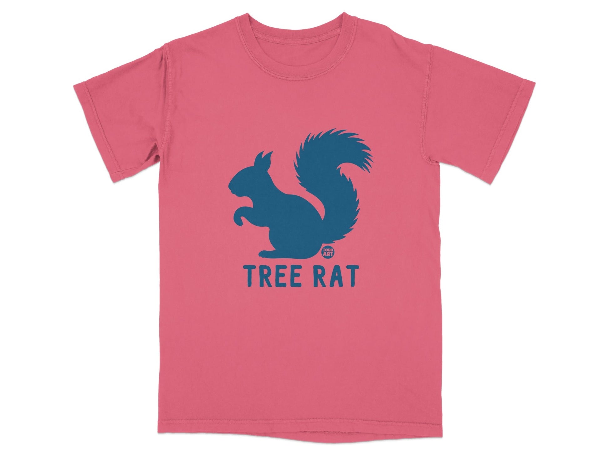 Pink t-shirt with blue squirrel logo and "TREE RAT" text.